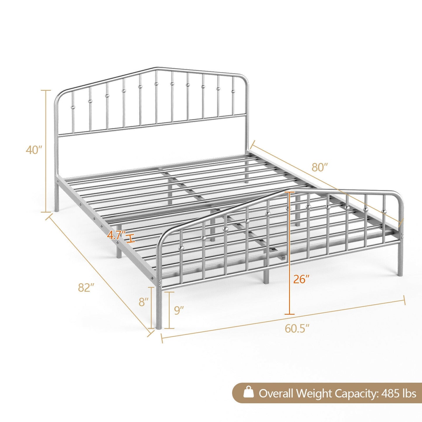 Queen Size Metal Bed Frame Platform Headboard and Footboard with Storage-Silver Kids Crystal