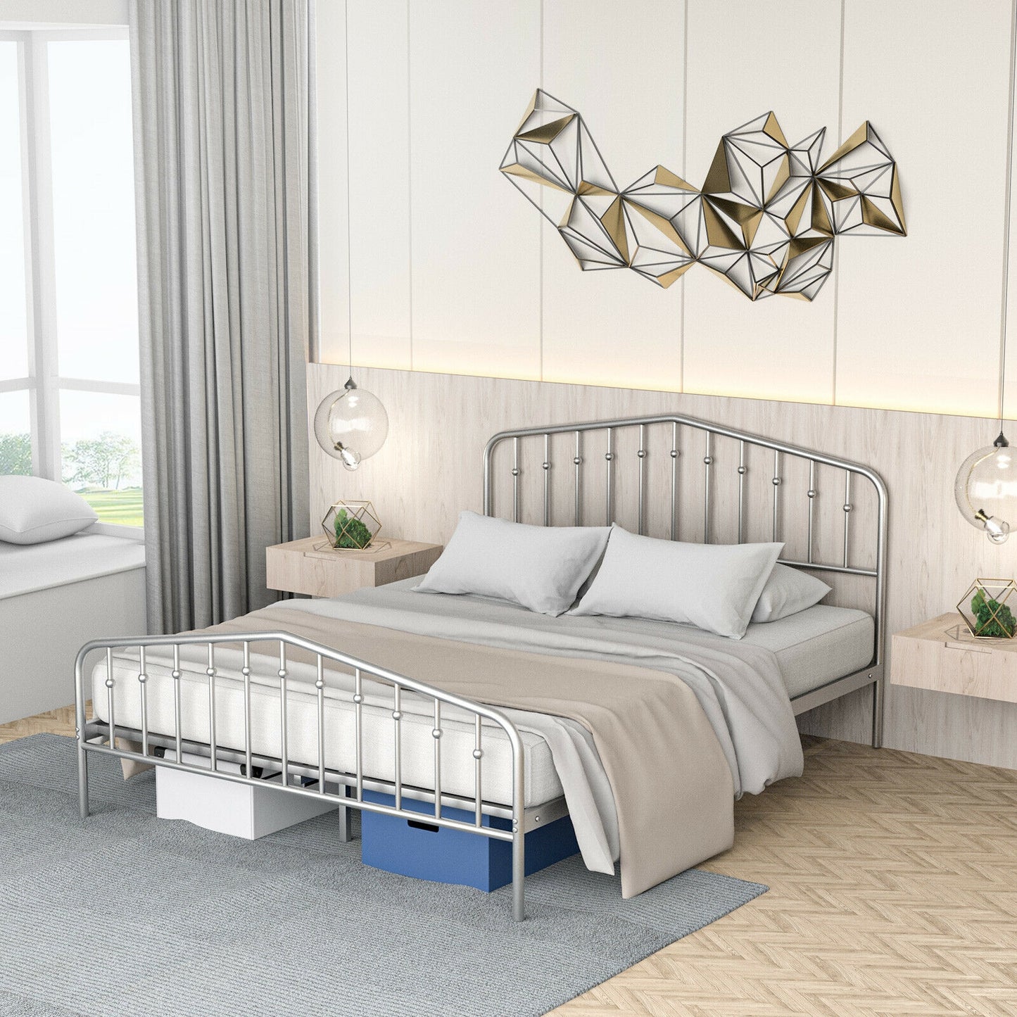Queen Size Metal Bed Frame Platform Headboard and Footboard with Storage-Silver Kids Crystal