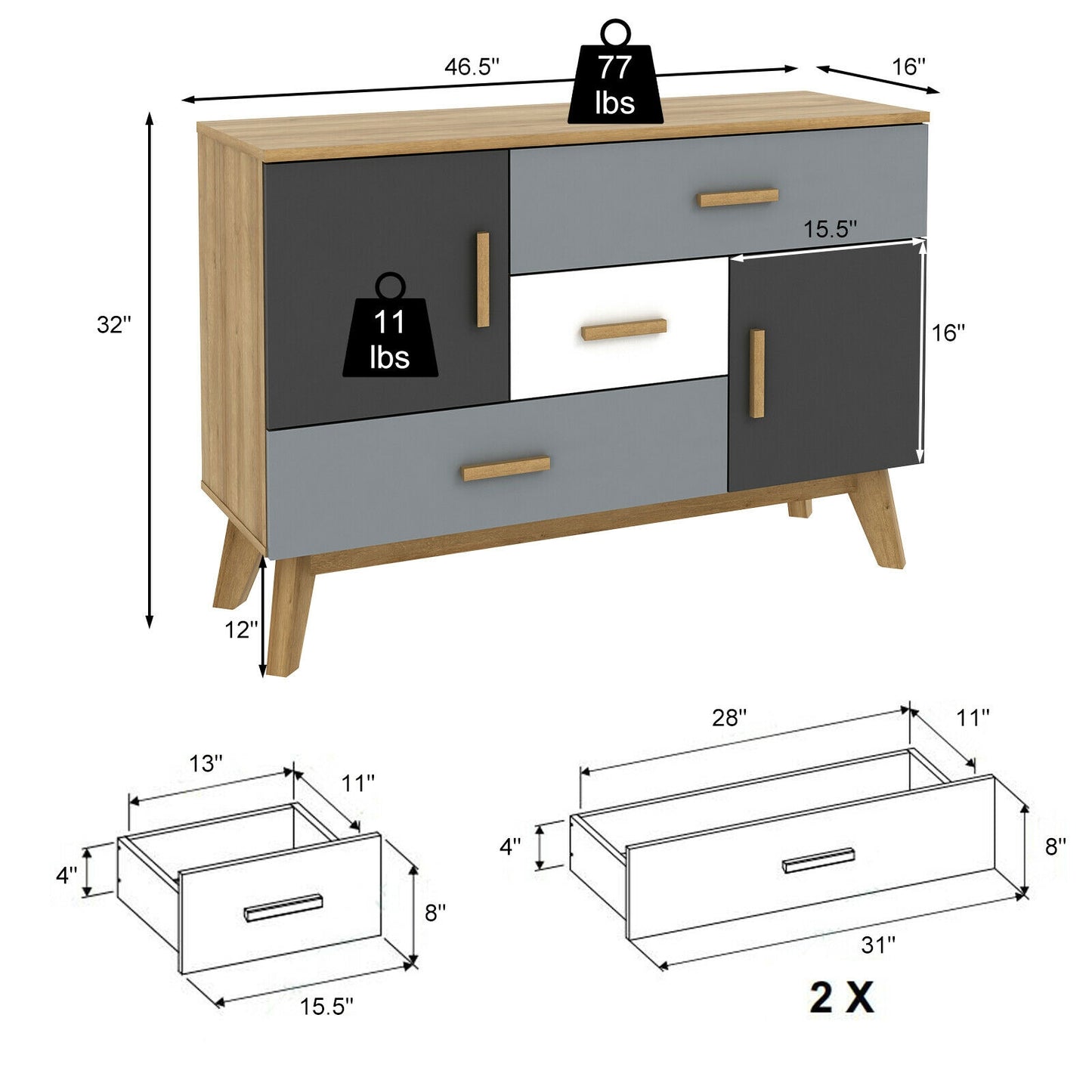 Free-standing Storage Floor Cabinet with 2 Doors and 3 Drawers Kids Crystal