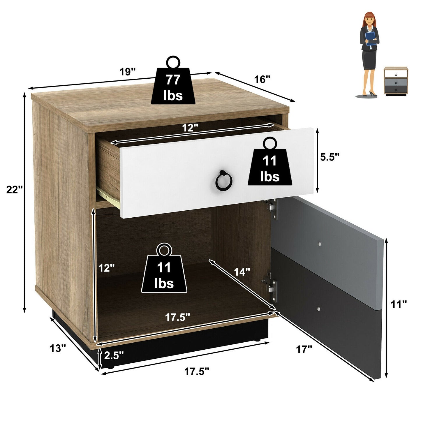 Nightstand with Drawer and Storage Cabinet Wooden Sofa Side Table End Table Kids Crystal