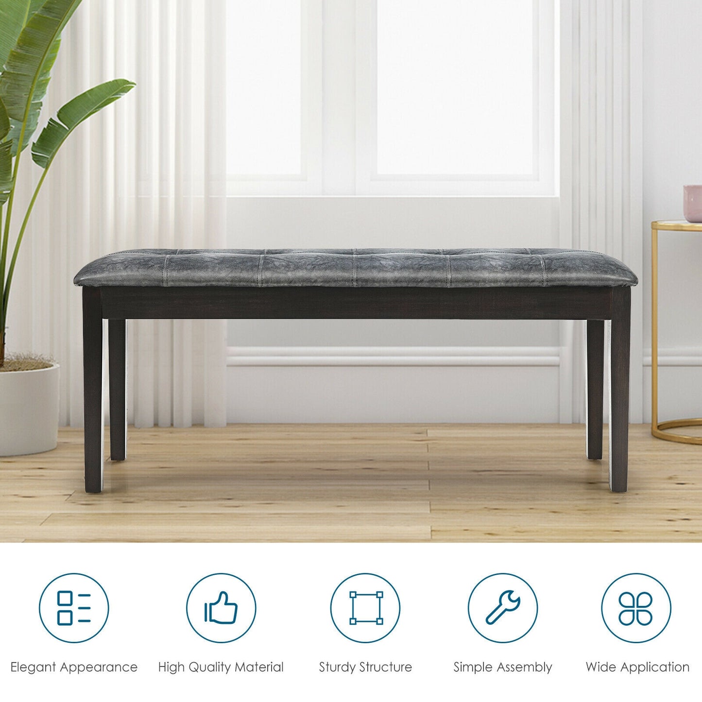 Upholstered Dining Room PU Bench Solid Wood Button Tufted-Gray Kids Crystal