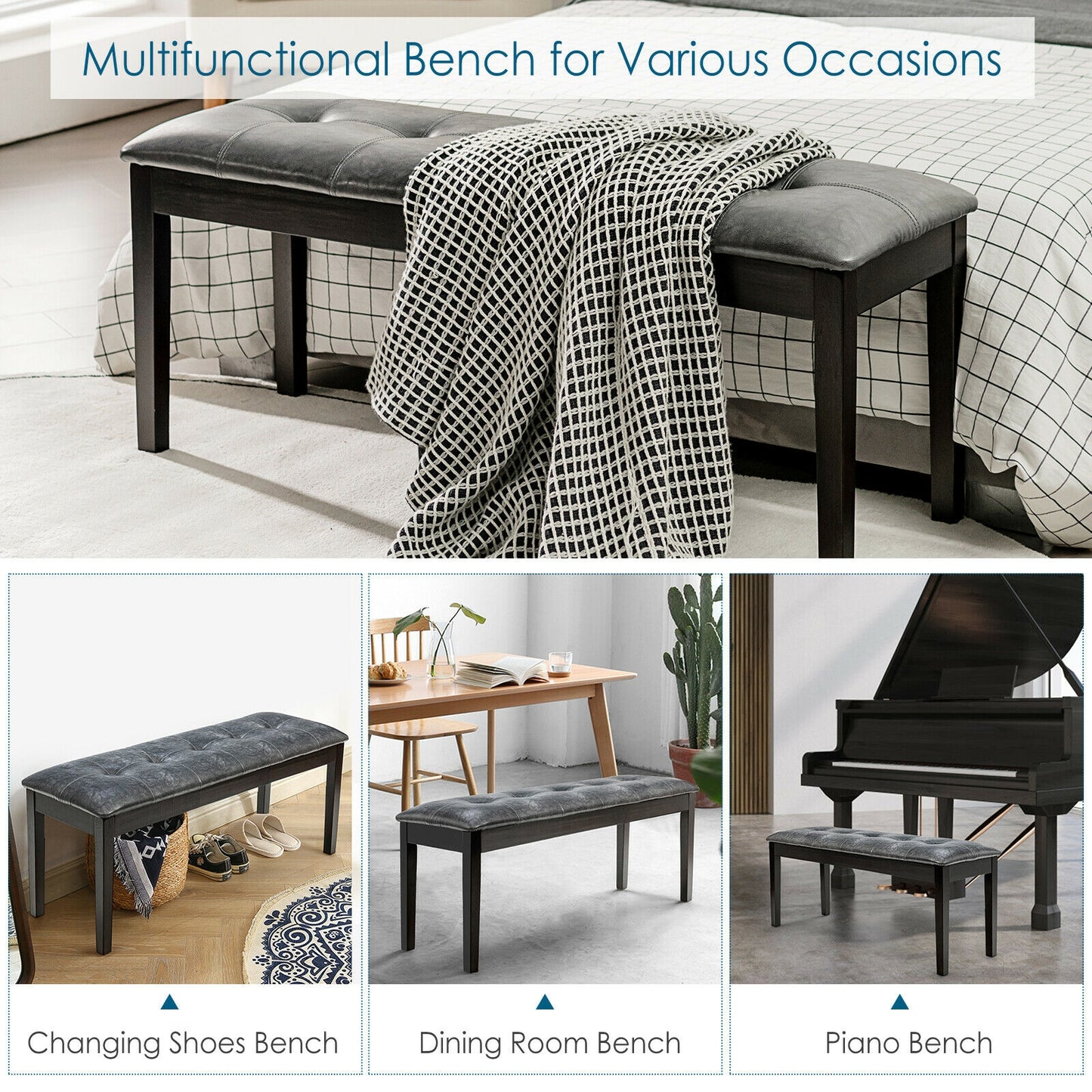 Upholstered Dining Room PU Bench Solid Wood Button Tufted-Gray Kids Crystal