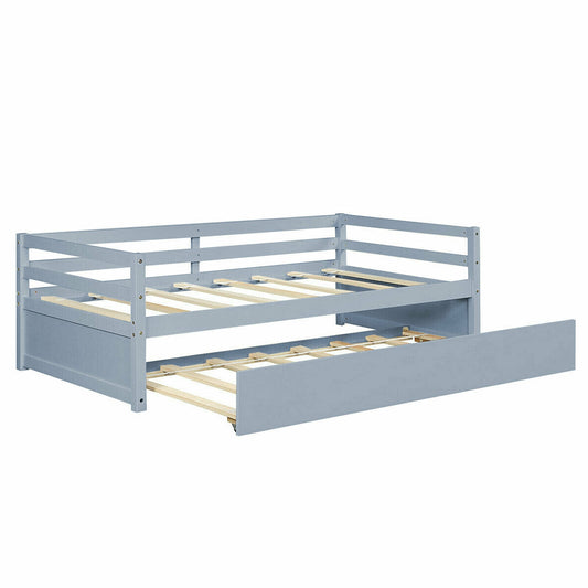 Twin Size Trundle Platform Bed Frame with  Wooden Slat Support-Gray Kids Crystal