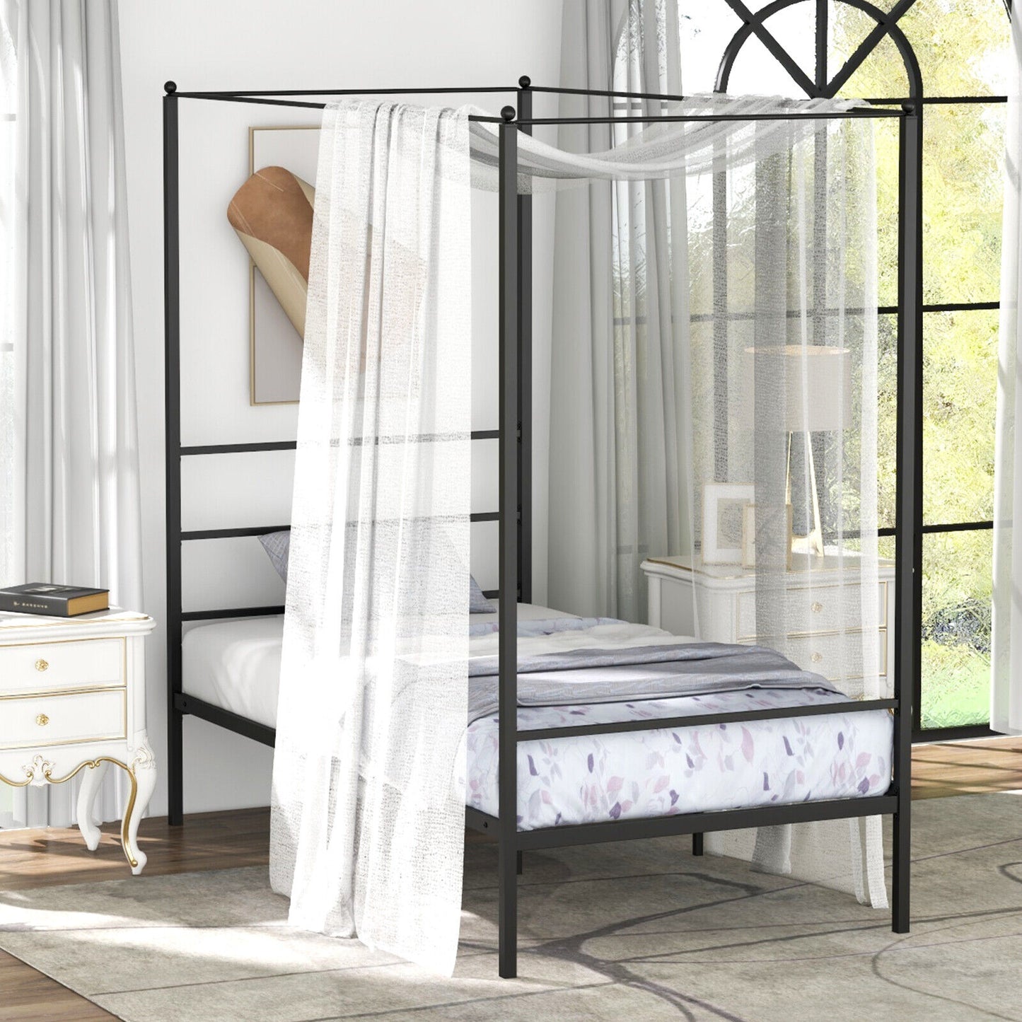 Twin/Full/Queen Size Metal Canopy Bed Frame with Slat Support-Twin Size Kids Crystal