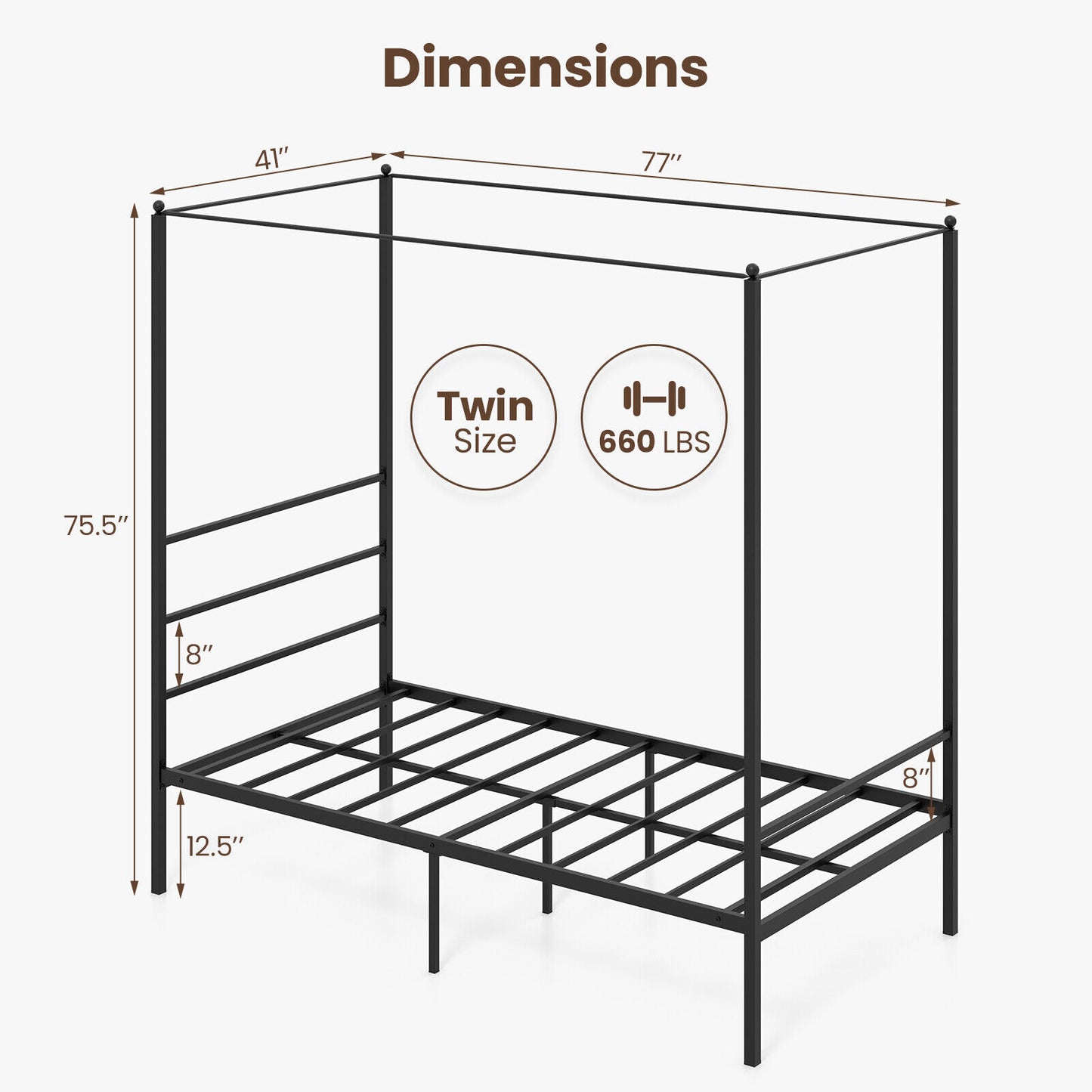Twin/Full/Queen Size Metal Canopy Bed Frame with Slat Support-Twin Size Kids Crystal