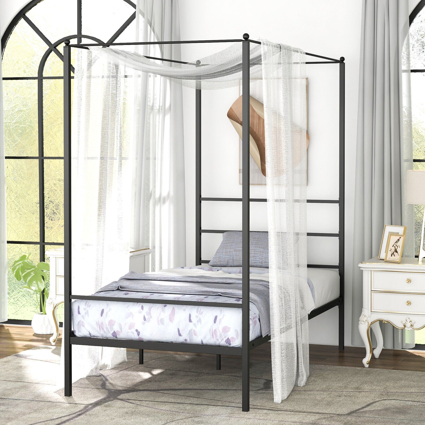 Twin/Full/Queen Size Metal Canopy Bed Frame with Slat Support-Twin Size Kids Crystal