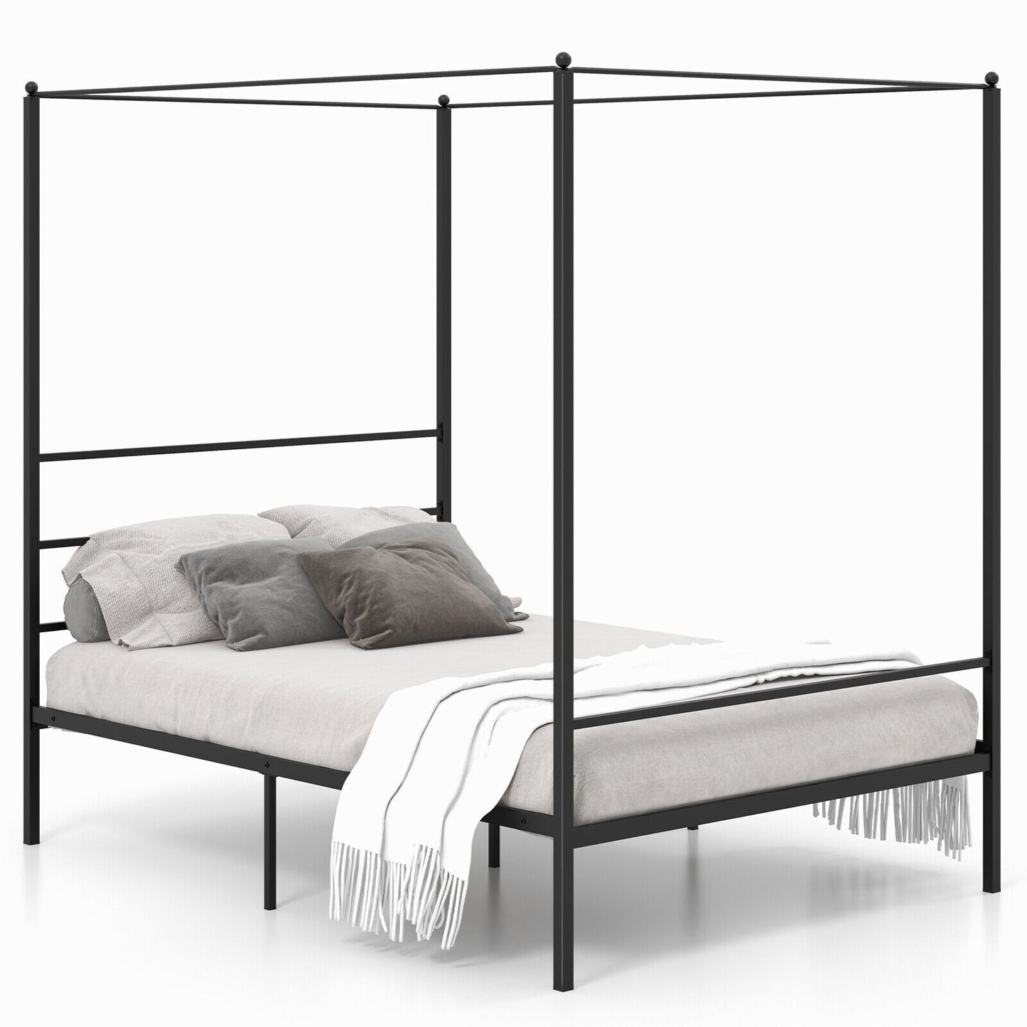 Twin/Full/Queen Size Metal Canopy Bed Frame with Slat Support-Full Size Kids Crystal