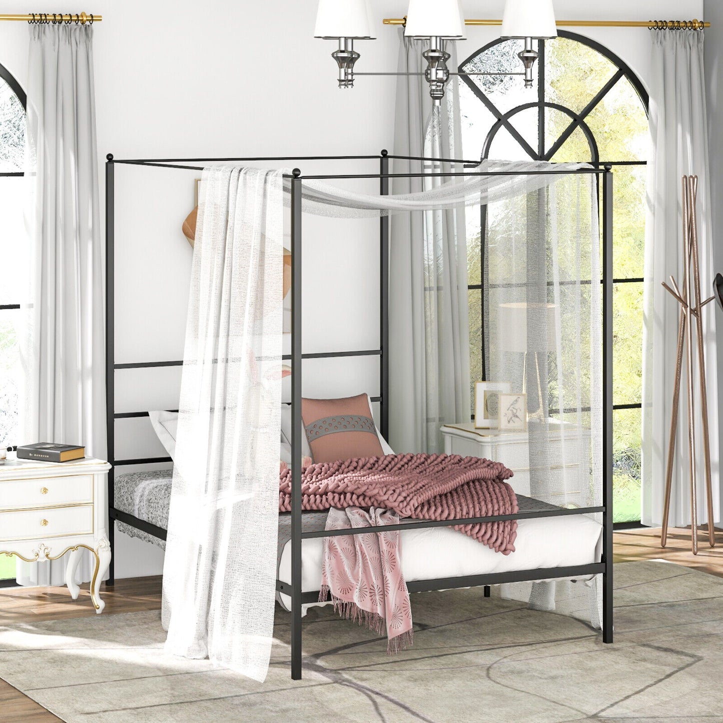 Twin/Full/Queen Size Metal Canopy Bed Frame with Slat Support-Full Size Kids Crystal
