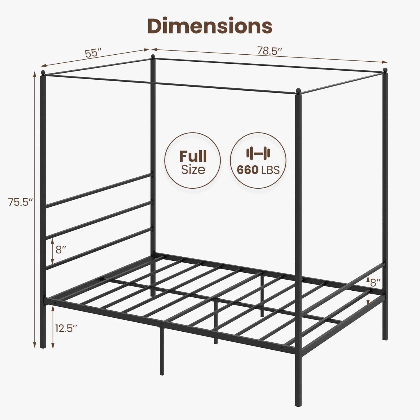 Twin/Full/Queen Size Metal Canopy Bed Frame with Slat Support-Full Size Kids Crystal
