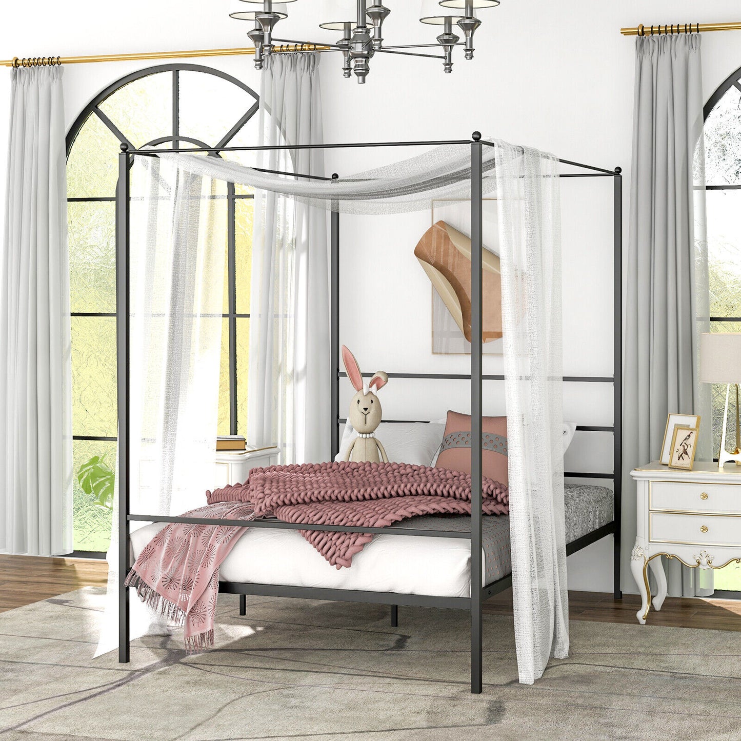 Twin/Full/Queen Size Metal Canopy Bed Frame with Slat Support-Full Size Kids Crystal
