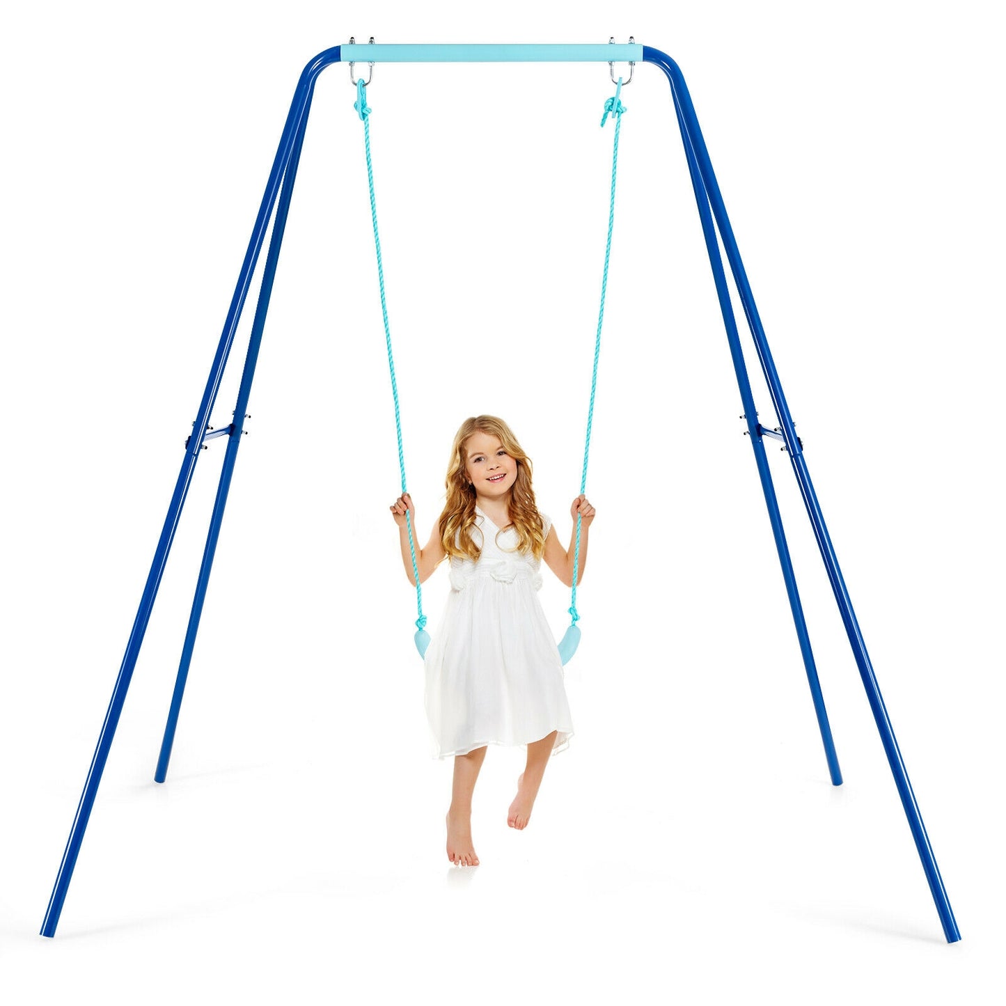 Outdoor Kids Swing Set with Heavy-Duty Metal A-Frame and Ground Stakes-Blue Kids Crystal
