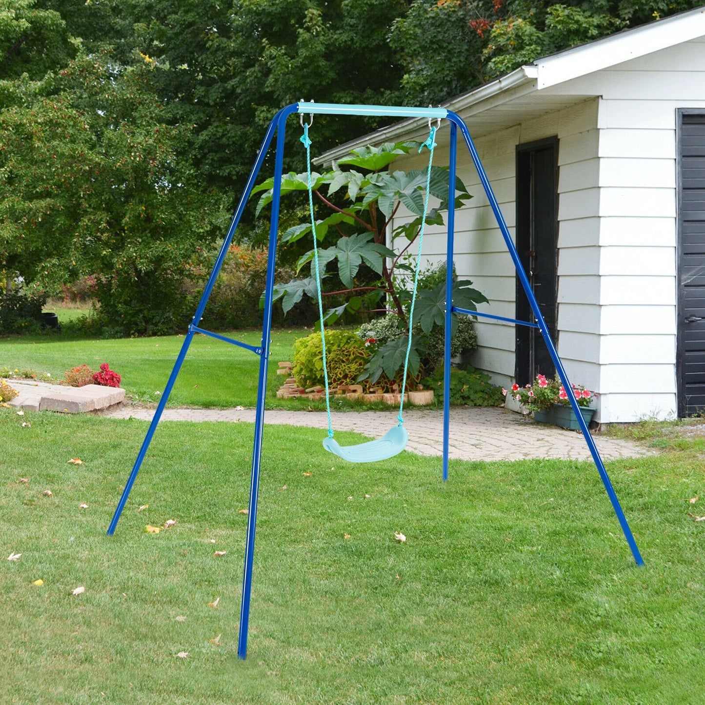 Outdoor Kids Swing Set with Heavy-Duty Metal A-Frame and Ground Stakes-Blue Kids Crystal
