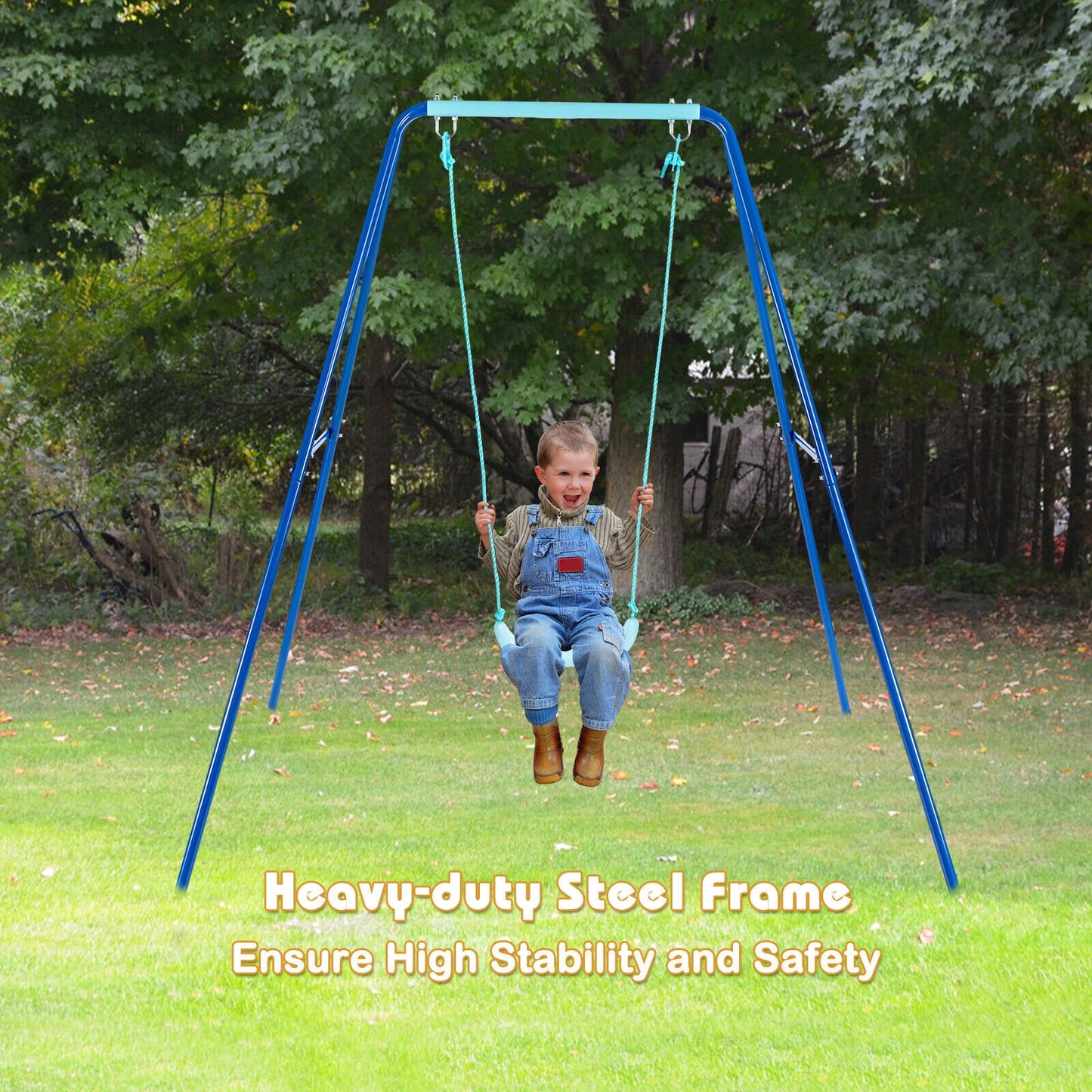 Outdoor Kids Swing Set with Heavy-Duty Metal A-Frame and Ground Stakes-Blue Kids Crystal