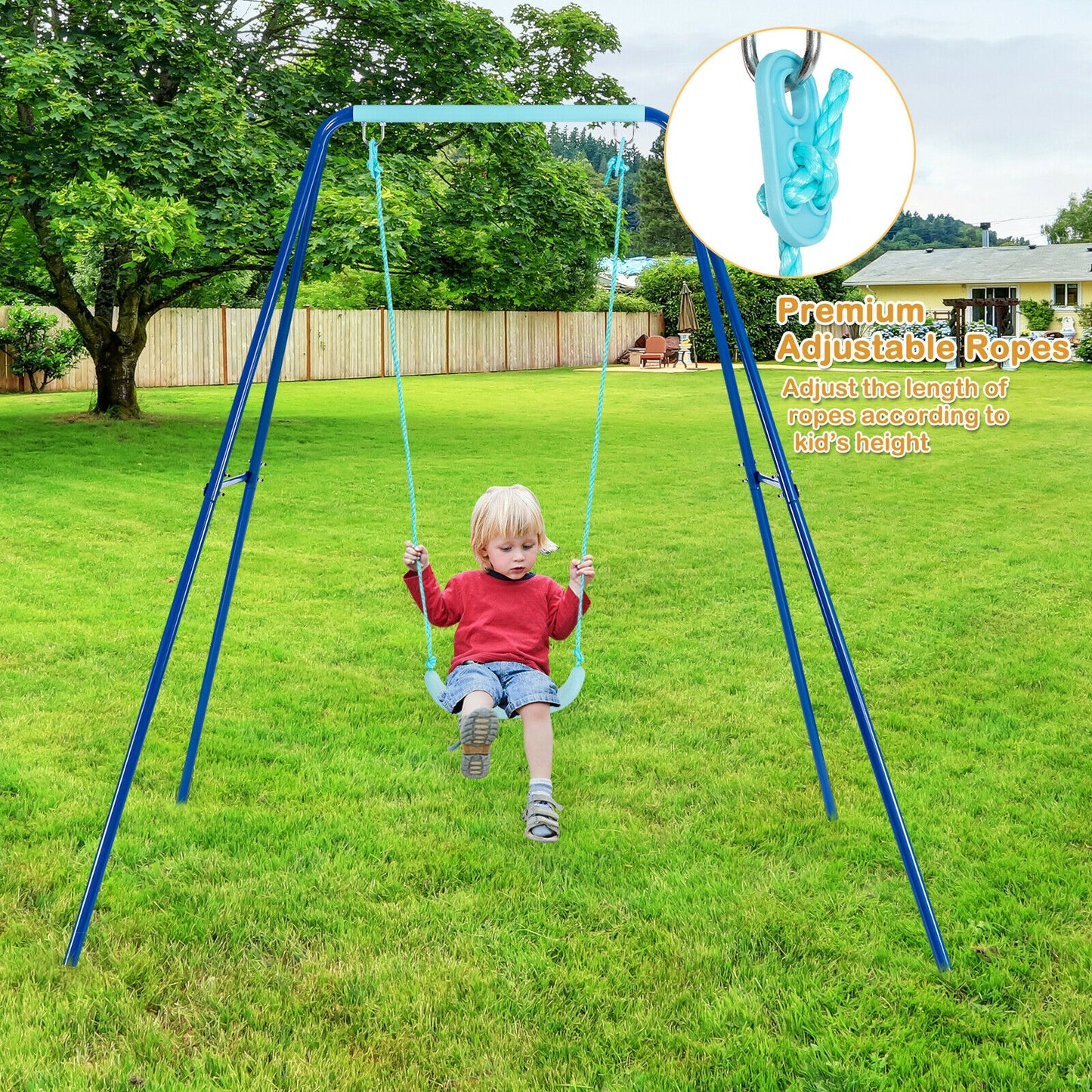 Outdoor Kids Swing Set with Heavy-Duty Metal A-Frame and Ground Stakes-Blue Kids Crystal
