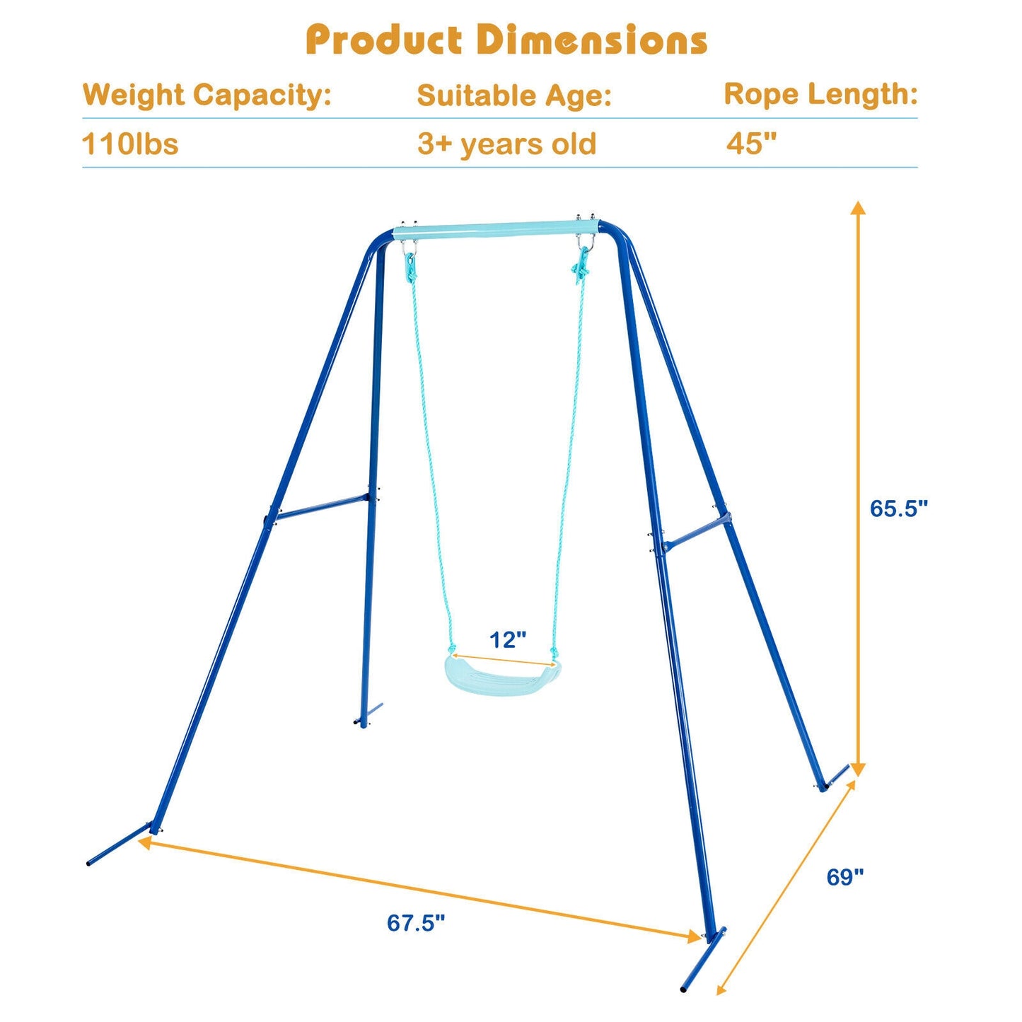 Outdoor Kids Swing Set with Heavy-Duty Metal A-Frame and Ground Stakes-Blue Kids Crystal