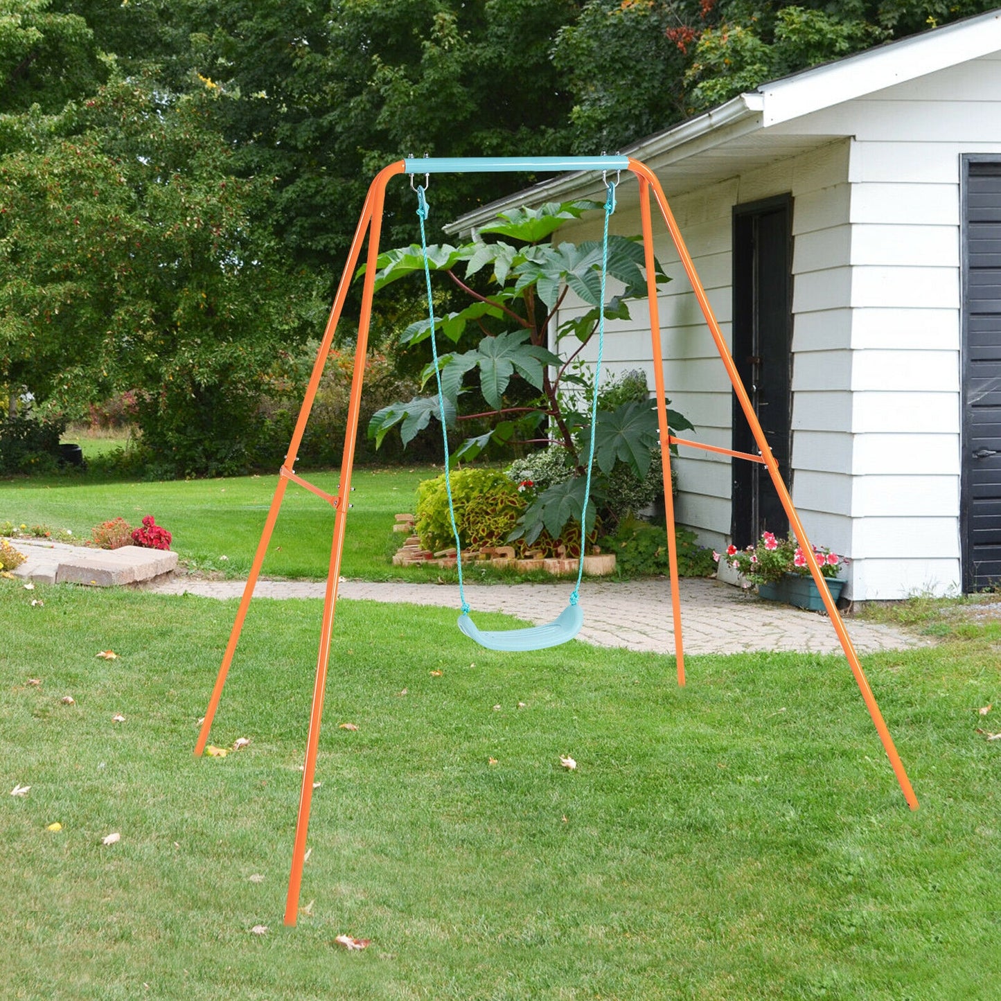 Outdoor Kids Swing Set with Heavy-Duty Metal A-Frame and Ground Stakes-Orange Kids Crystal