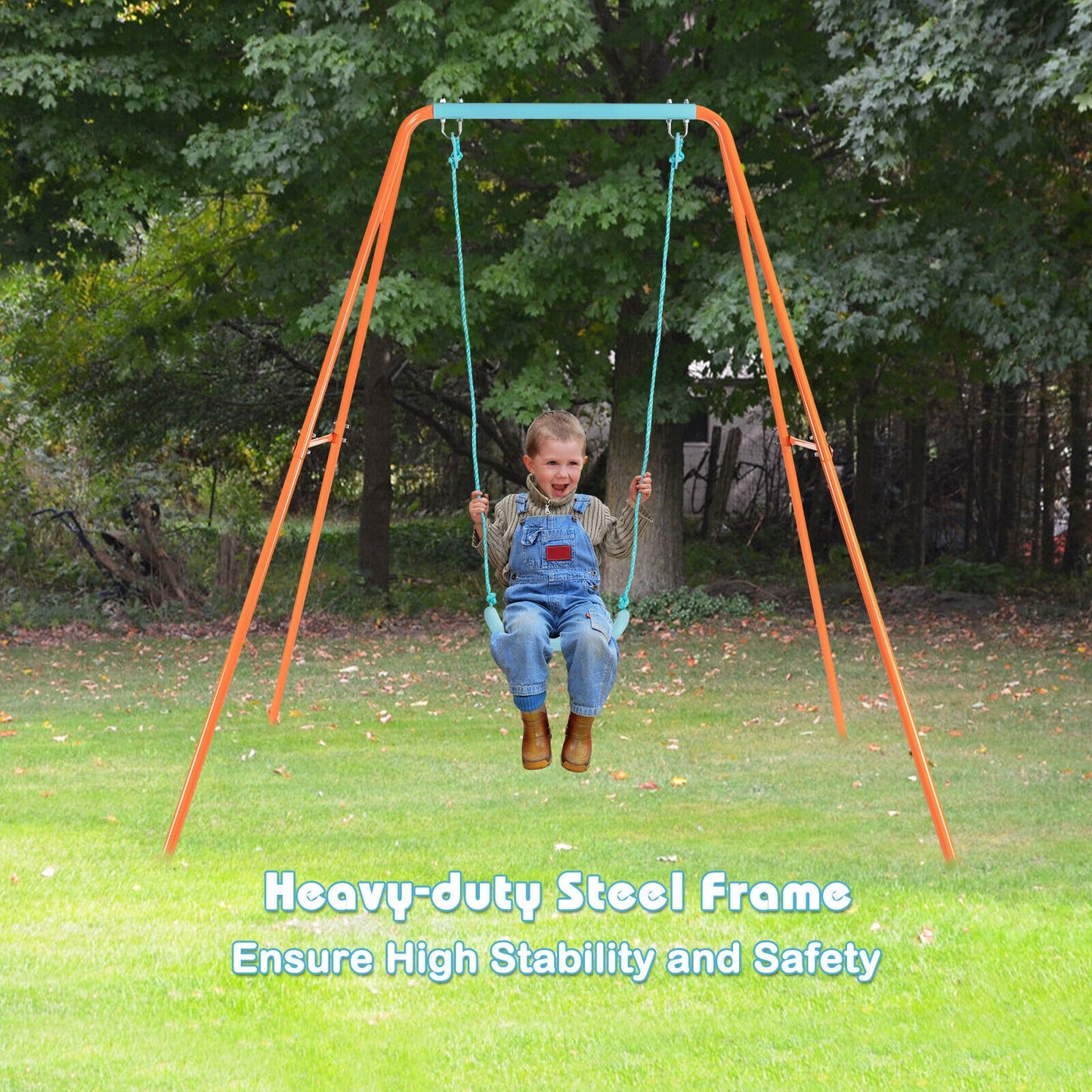 Outdoor Kids Swing Set with Heavy-Duty Metal A-Frame and Ground Stakes-Orange Kids Crystal