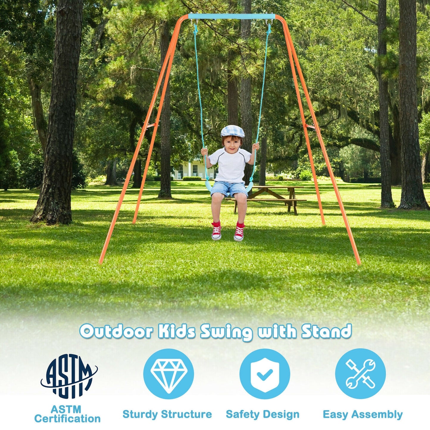 Outdoor Kids Swing Set with Heavy-Duty Metal A-Frame and Ground Stakes-Orange Kids Crystal