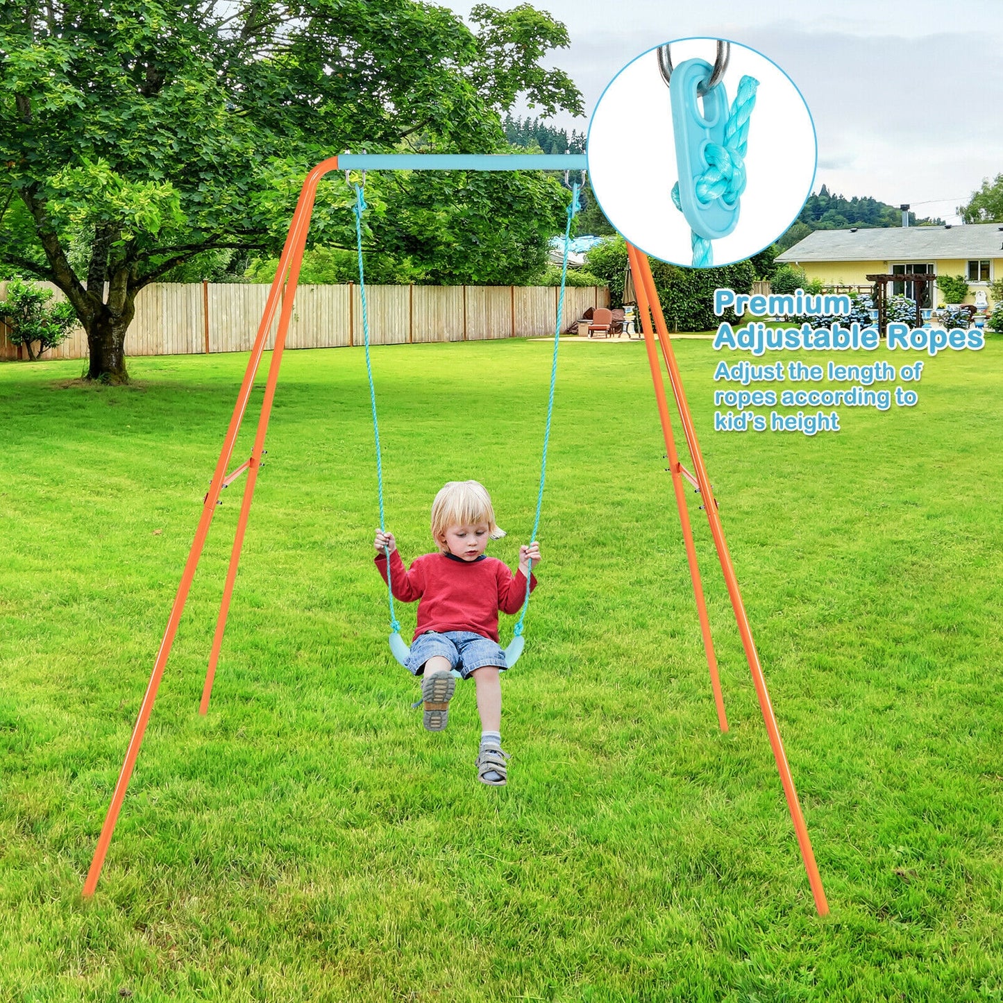 Outdoor Kids Swing Set with Heavy-Duty Metal A-Frame and Ground Stakes-Orange Kids Crystal