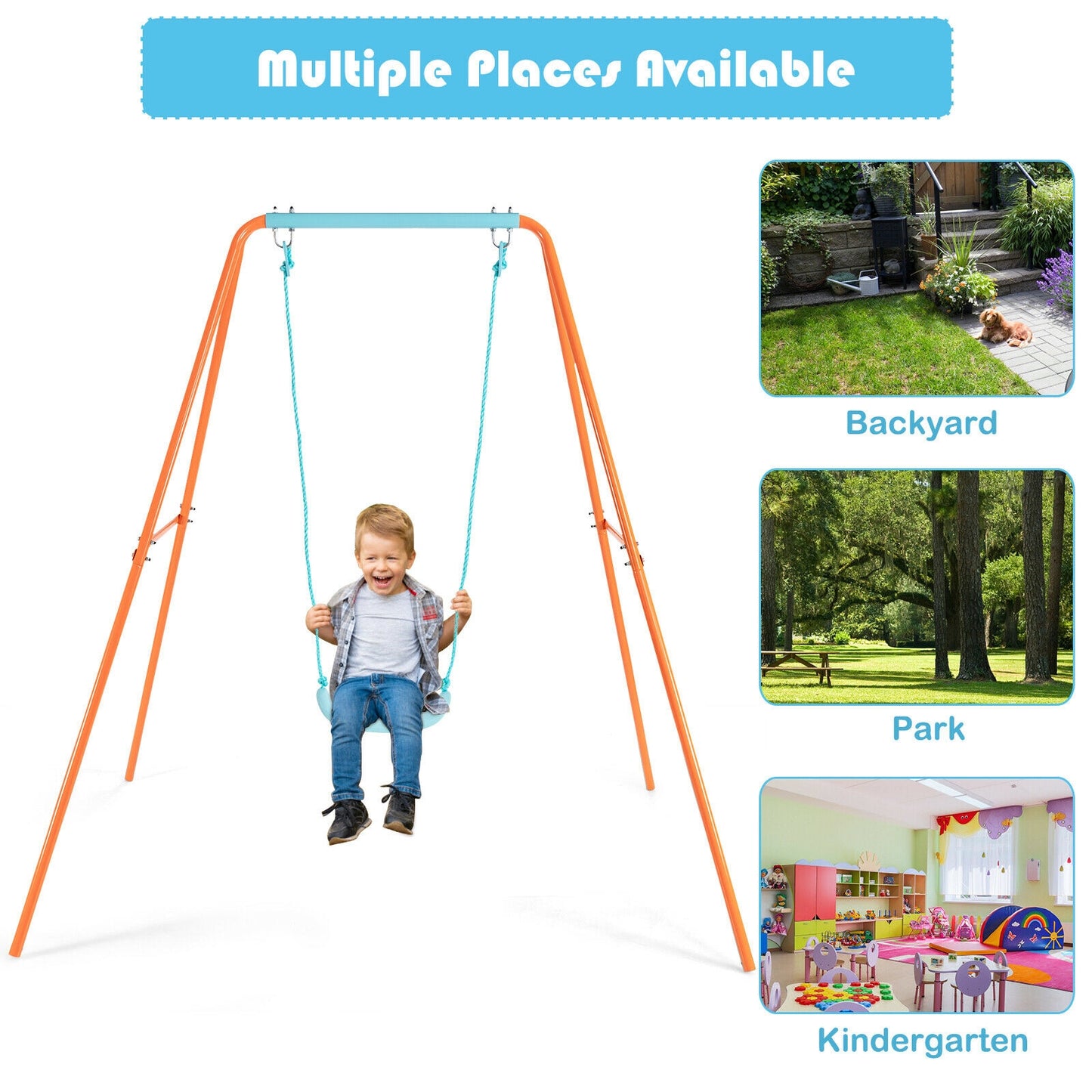 Outdoor Kids Swing Set with Heavy-Duty Metal A-Frame and Ground Stakes-Orange Kids Crystal