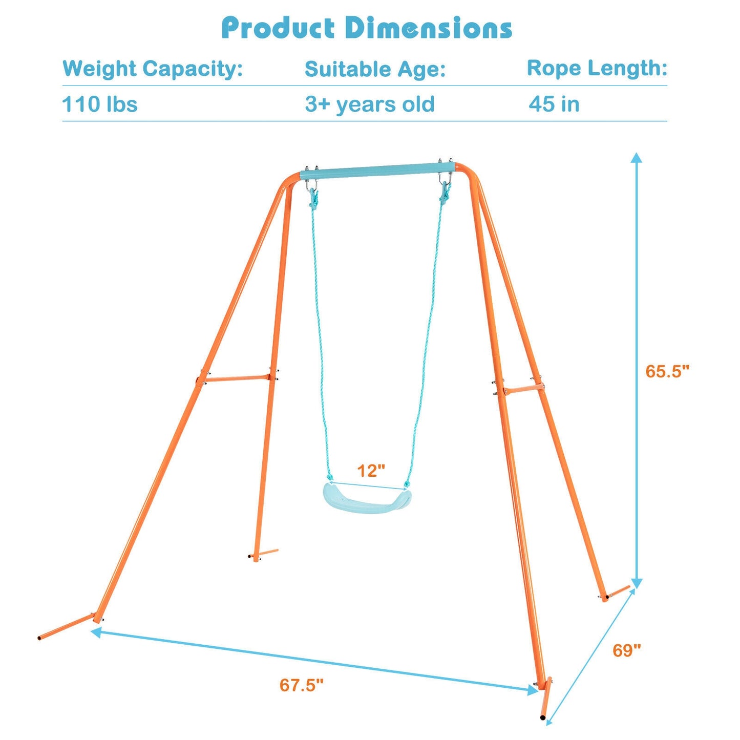 Outdoor Kids Swing Set with Heavy-Duty Metal A-Frame and Ground Stakes-Orange Kids Crystal