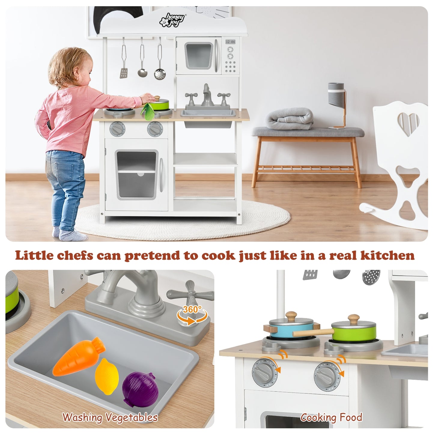 Wooden Pretend Play Kitchen Set for Kids with Accessories and Sink Kids Crystal