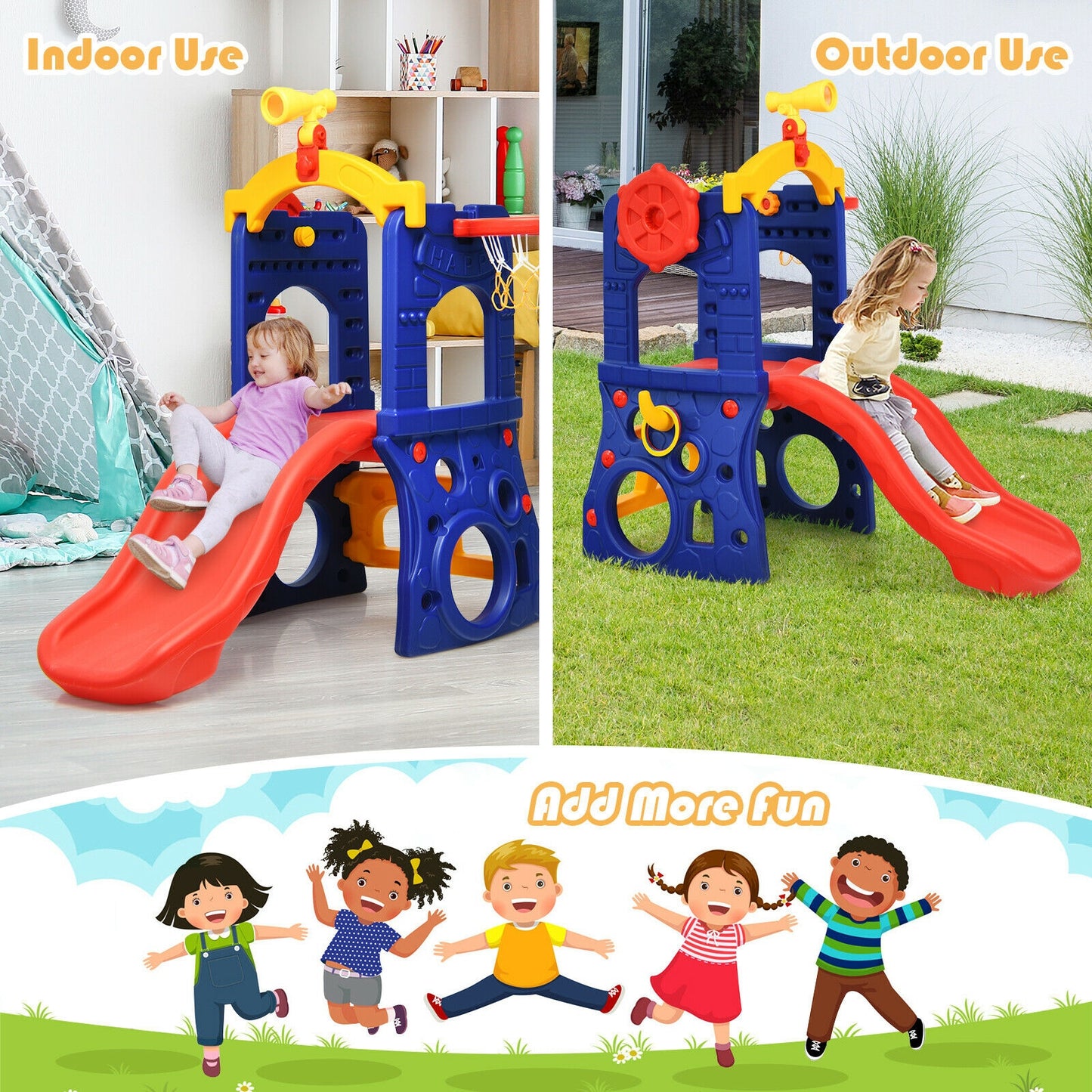 6-in-1 Freestanding Kids Slide with Basketball Hoop and Ring Toss Kids Crystal