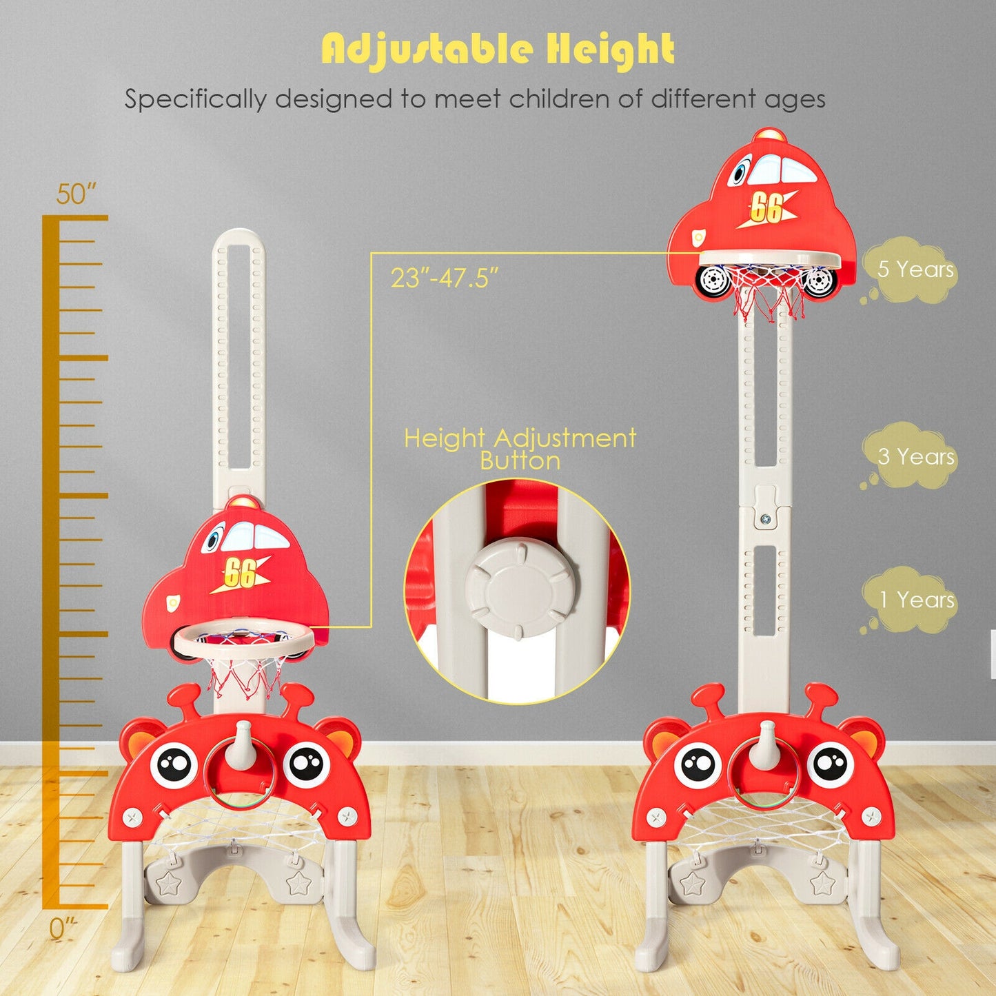 3-in-1 Basketball Hoop for Kids Adjustable Height Playset with Balls-Red