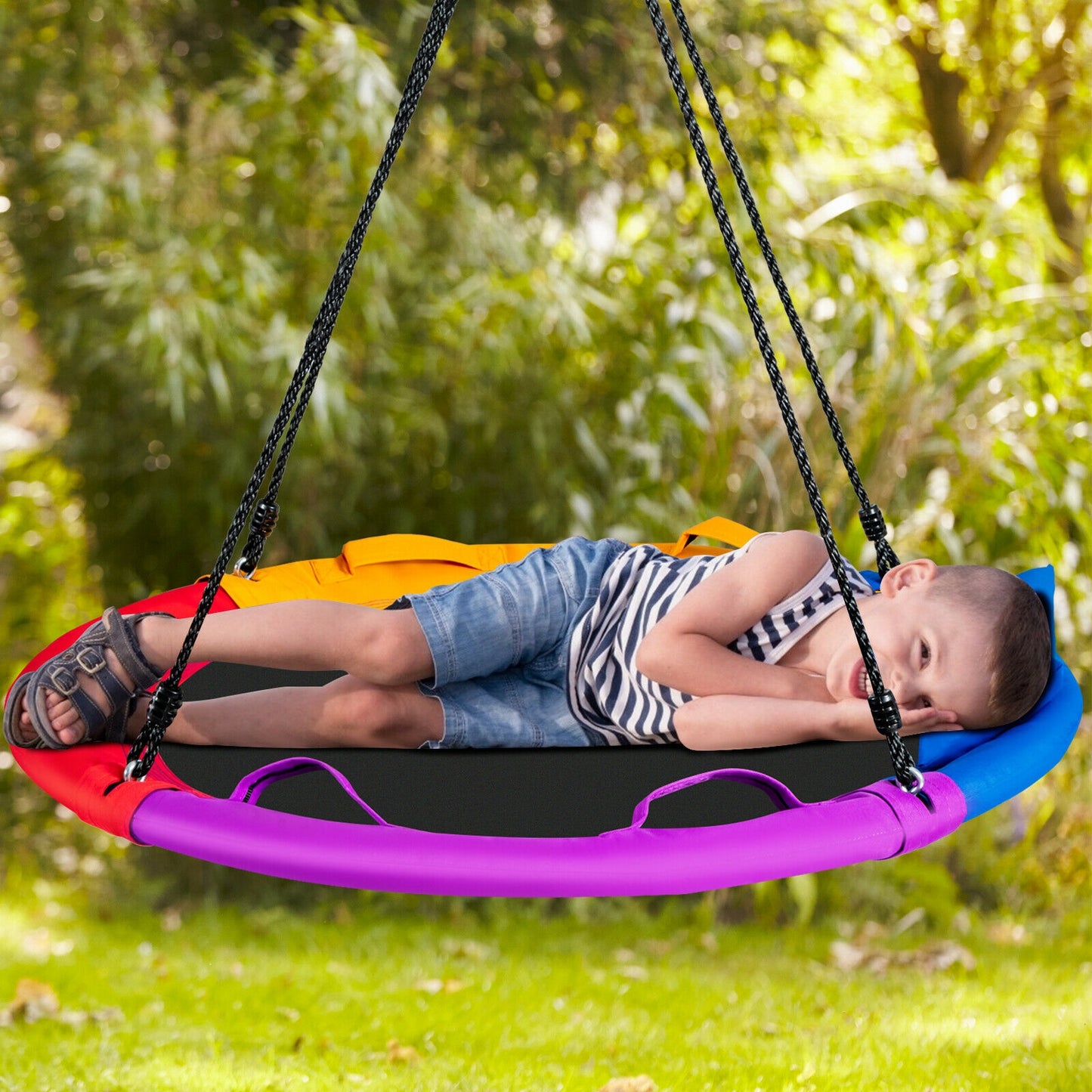 40 inch Saucer Tree Outdoor Round Platform Swing with Pillow and Handle-Multicolor Kids Crystal