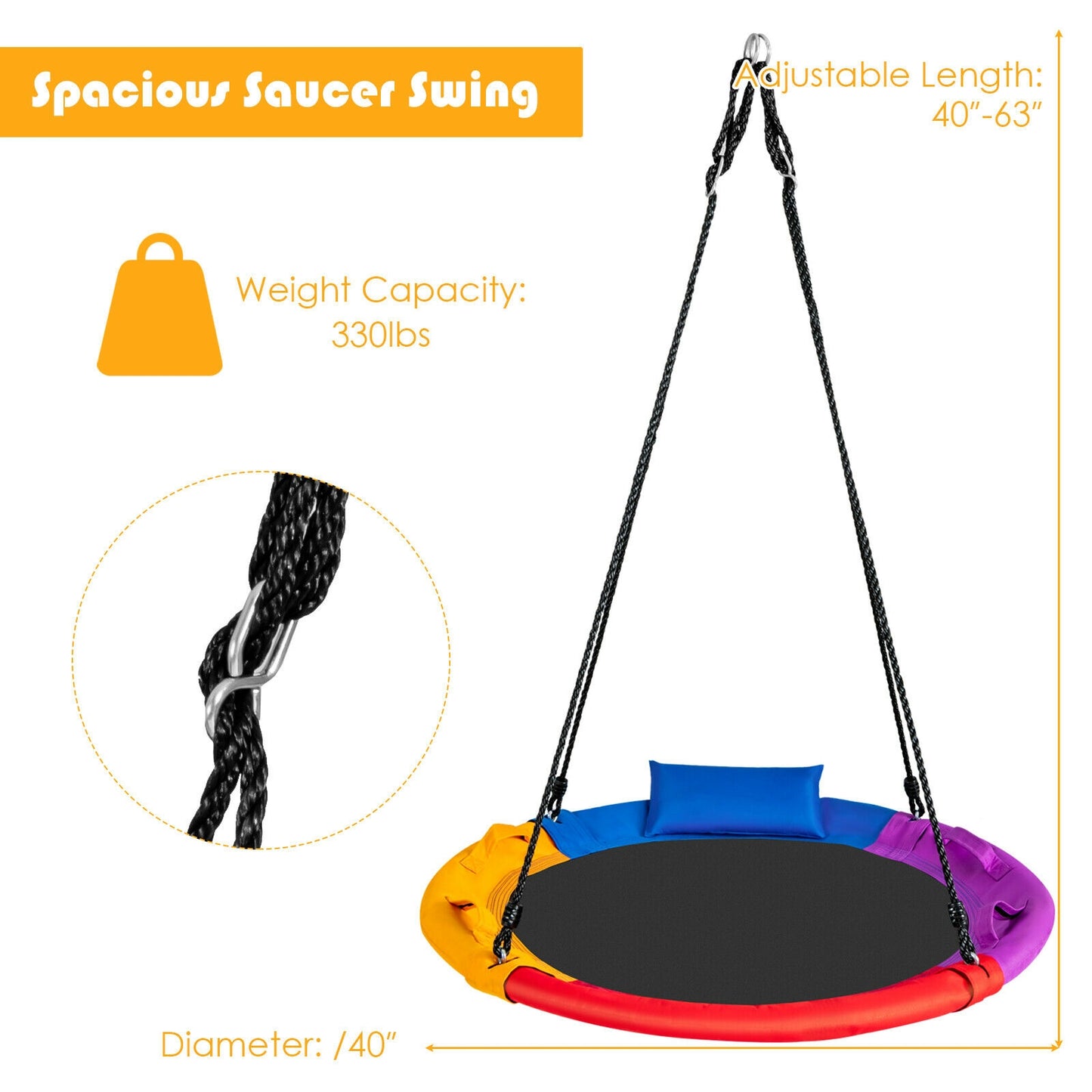 40 inch Saucer Tree Outdoor Round Platform Swing with Pillow and Handle-Multicolor Kids Crystal
