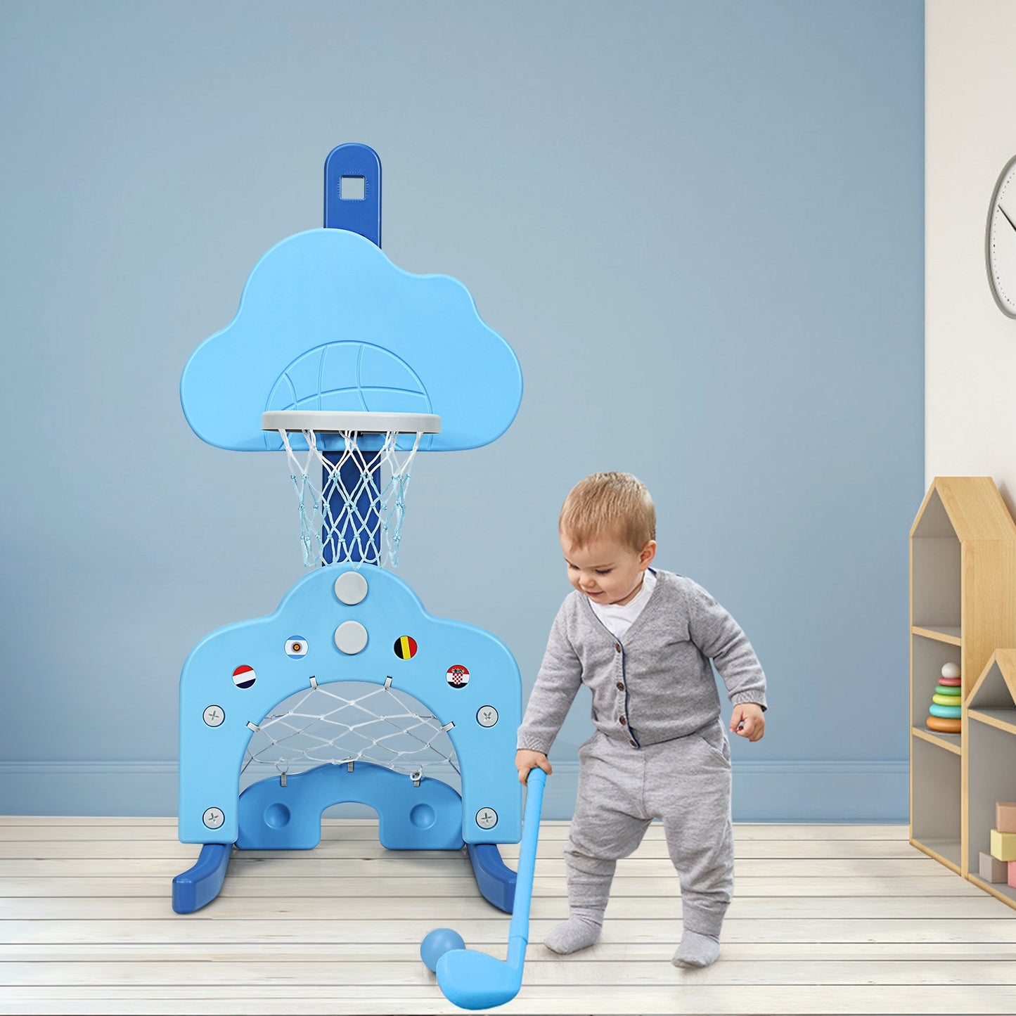 3 in 1 Kids Basketball Hoop Set with Balls-Blue Kids Crystal
