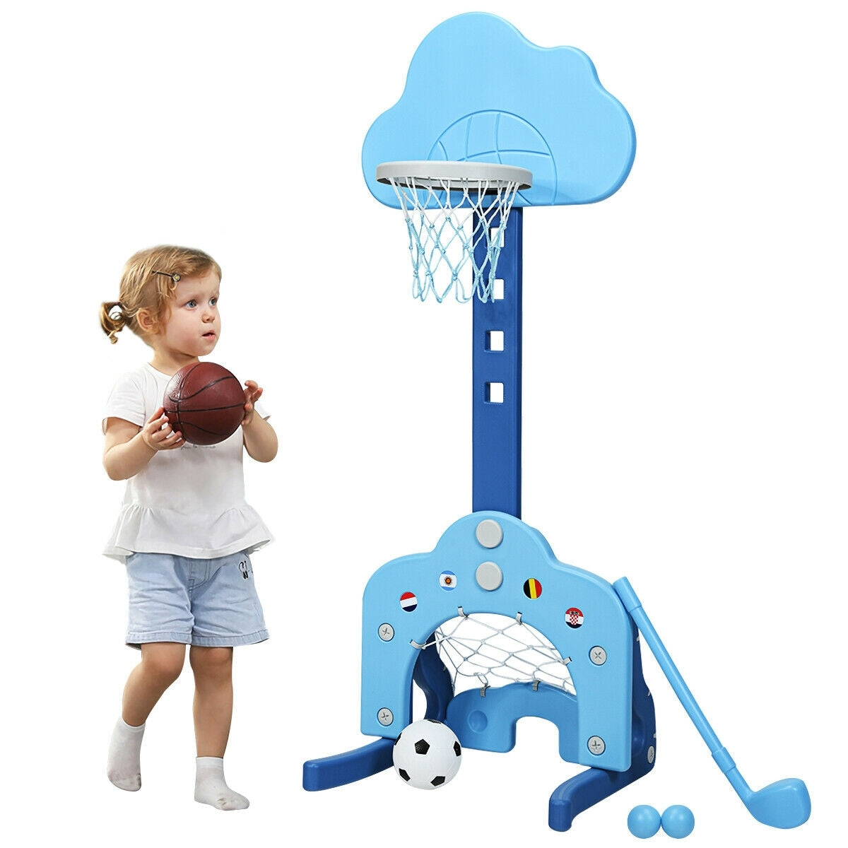 3 in 1 Kids Basketball Hoop Set with Balls-Blue Kids Crystal
