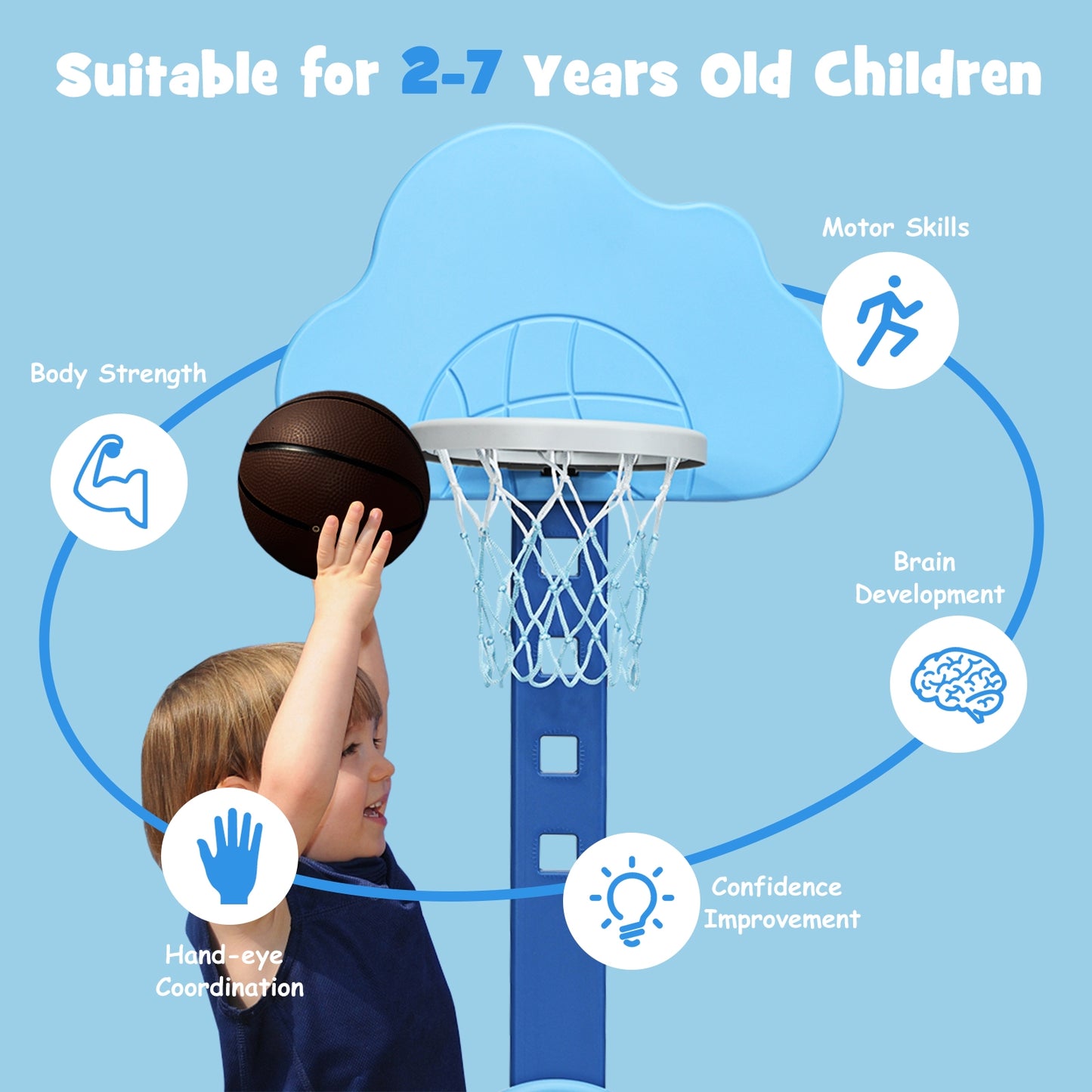 3 in 1 Kids Basketball Hoop Set with Balls-Blue Kids Crystal