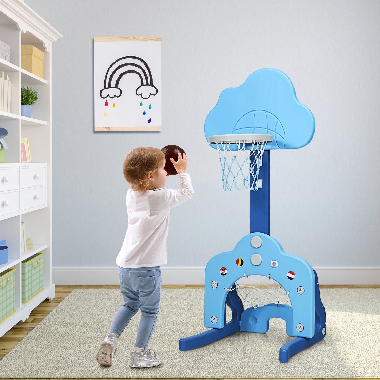 3 in 1 Kids Basketball Hoop Set with Balls-Blue Kids Crystal