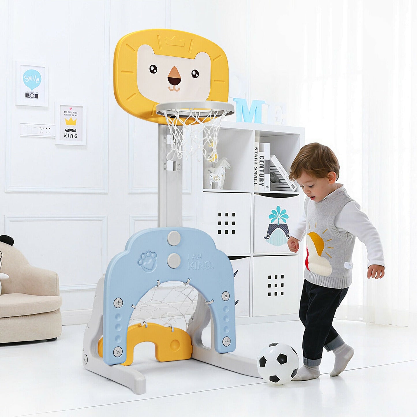 3-in-1 Adjustable Kids Basketball Hoop Sports Set-Yellow Kids Crystal