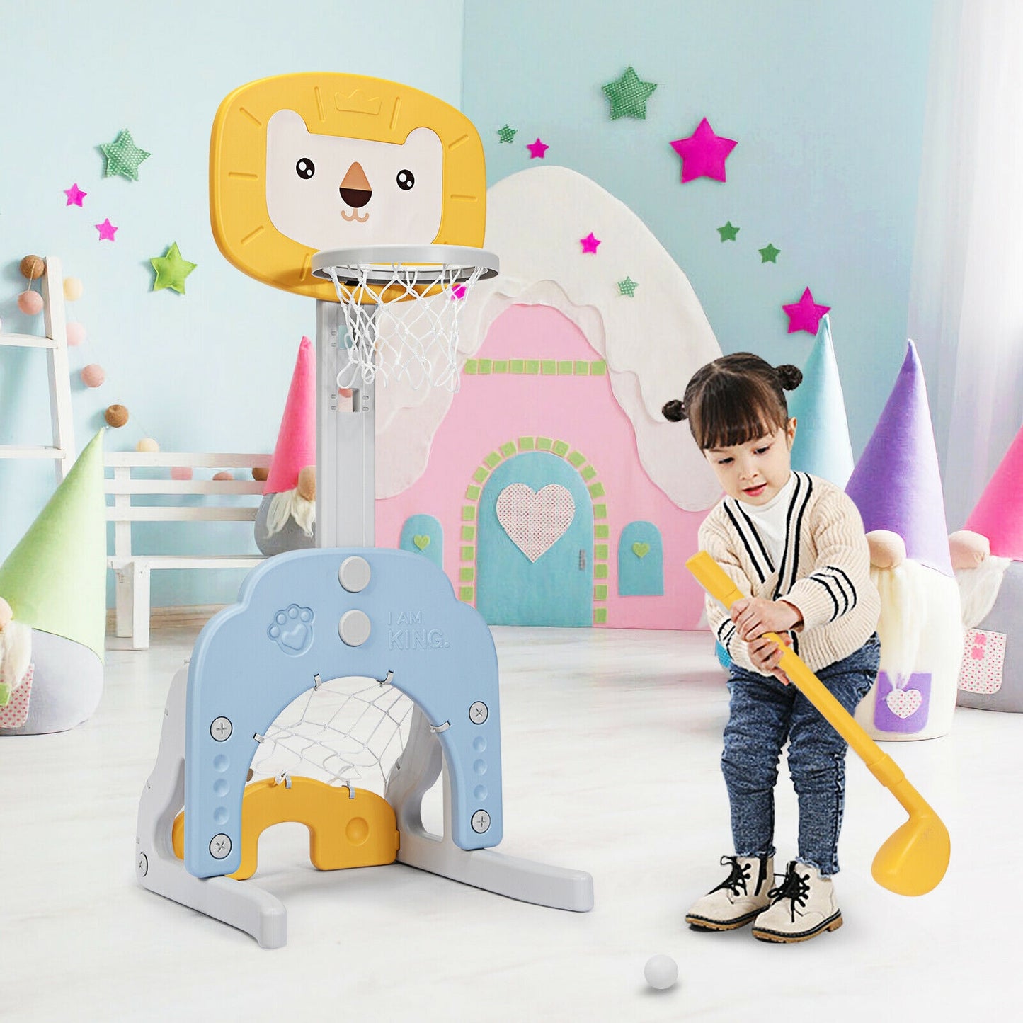 3-in-1 Adjustable Kids Basketball Hoop Sports Set-Yellow Kids Crystal