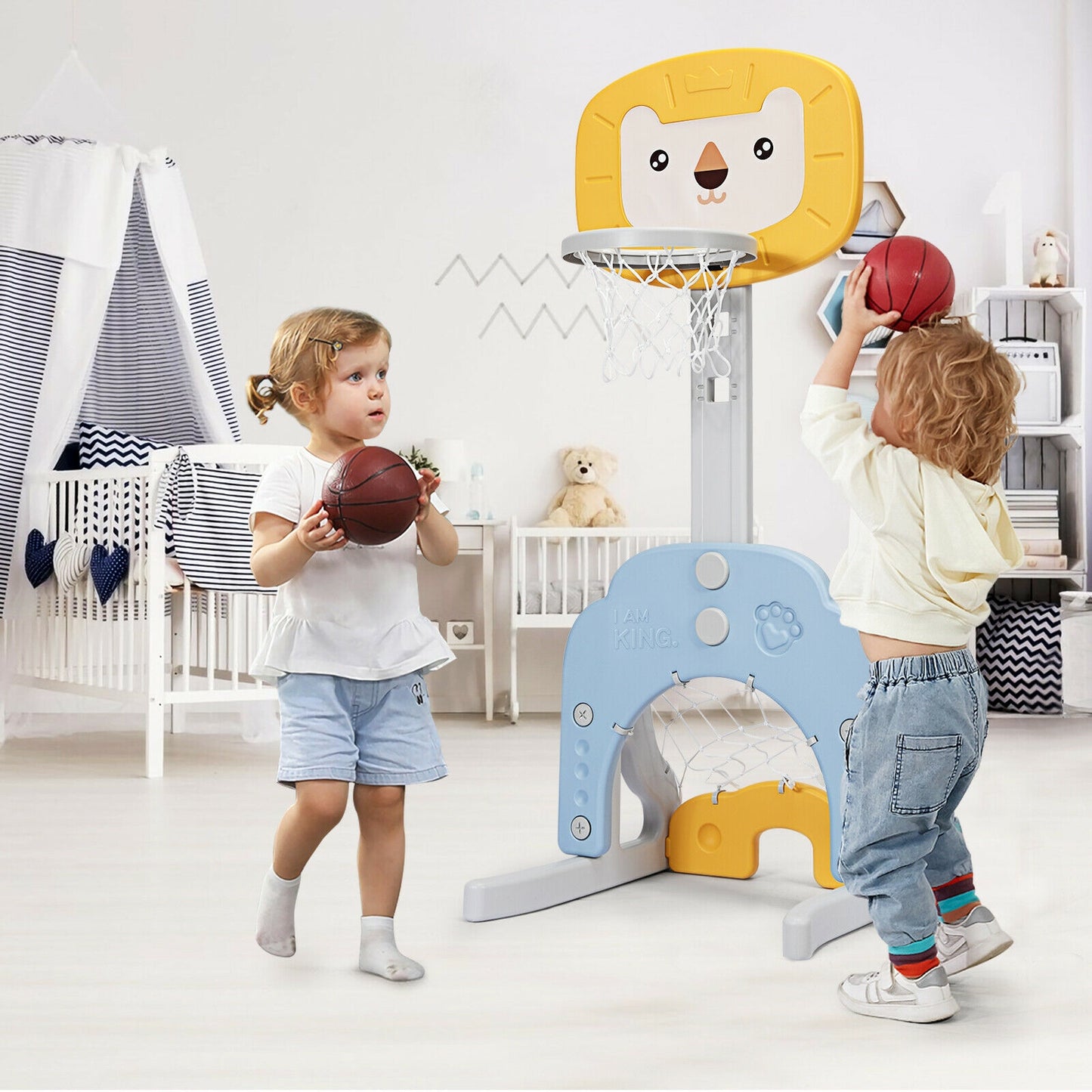 3-in-1 Adjustable Kids Basketball Hoop Sports Set-Yellow Kids Crystal