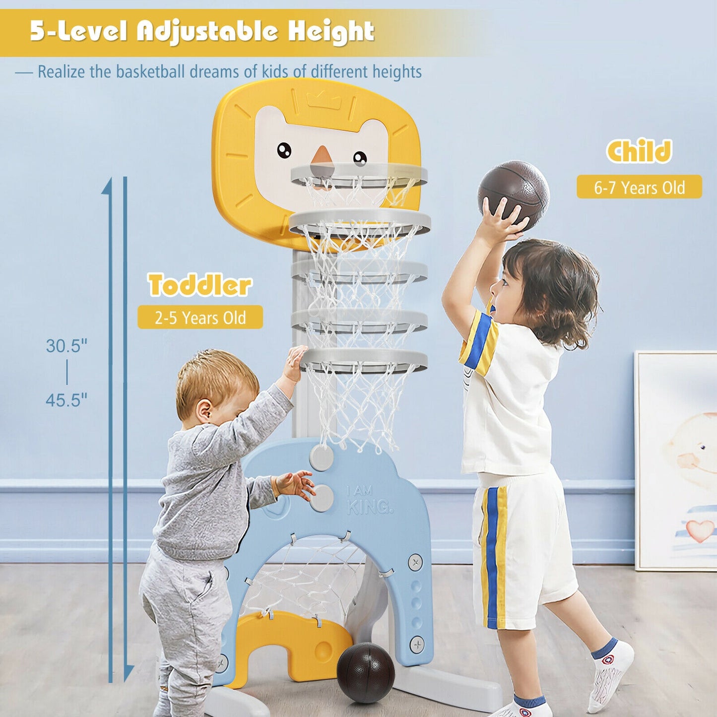 3-in-1 Adjustable Kids Basketball Hoop Sports Set-Yellow Kids Crystal