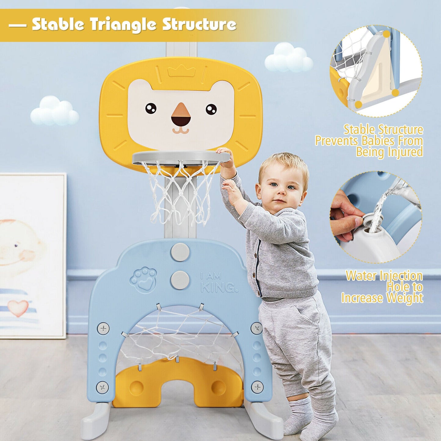 3-in-1 Adjustable Kids Basketball Hoop Sports Set-Yellow Kids Crystal