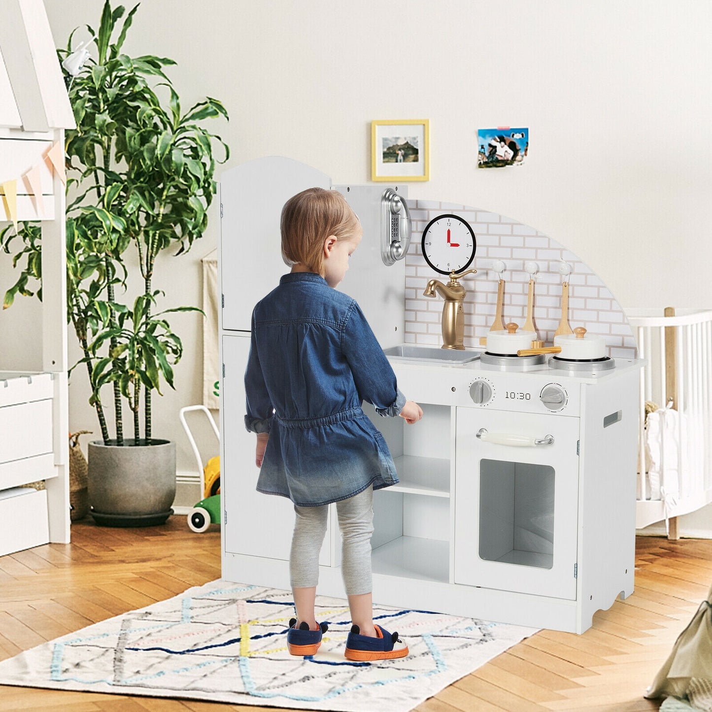 Kids Kitchen Playset Pretend Play Cooking Set with Vivid Faucet and Telephone Kids Crystal