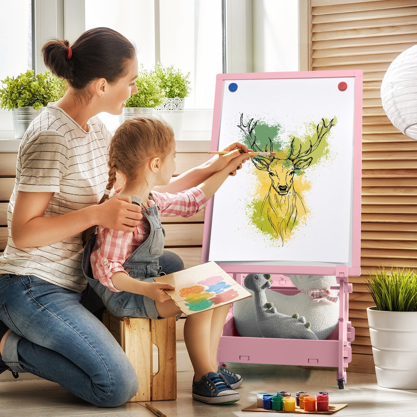 Multifunctional Kids' Standing Art Easel with Dry-Erase Board-Pink Kids Crystal