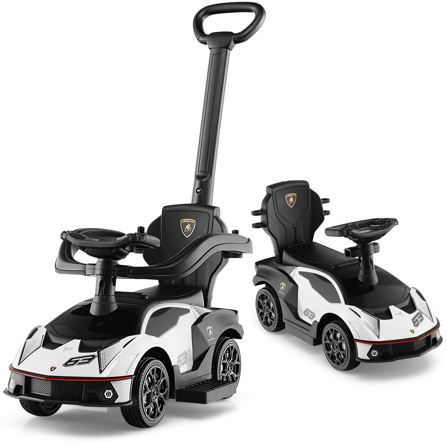 3-in-1 Licensed Lamborghini Ride on Push Car with Handle Guardrail-White Kids Crystal