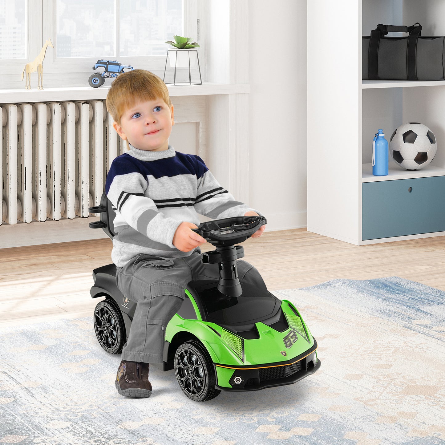 3-in-1 Licensed Lamborghini Ride on Push Car with Handle Guardrail-Green Kids Crystal