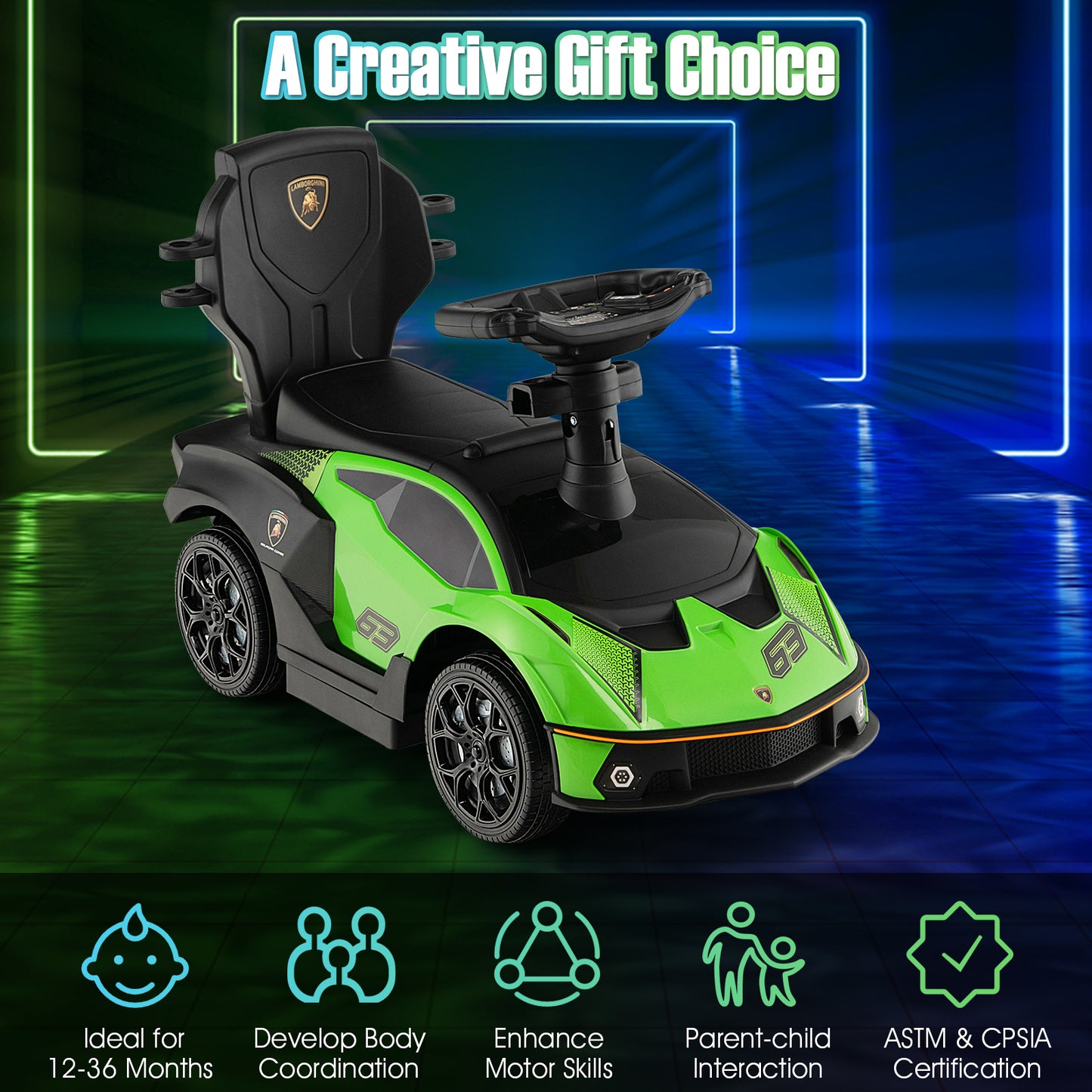 3-in-1 Licensed Lamborghini Ride on Push Car with Handle Guardrail-Green Kids Crystal