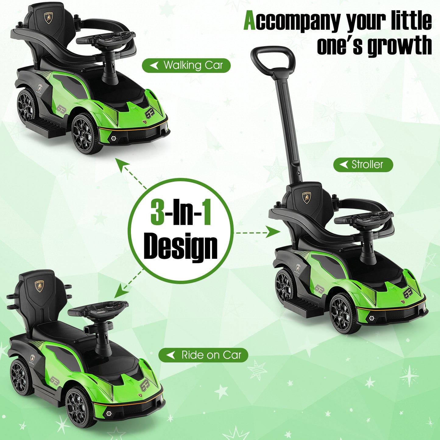 3-in-1 Licensed Lamborghini Ride on Push Car with Handle Guardrail-Green Kids Crystal