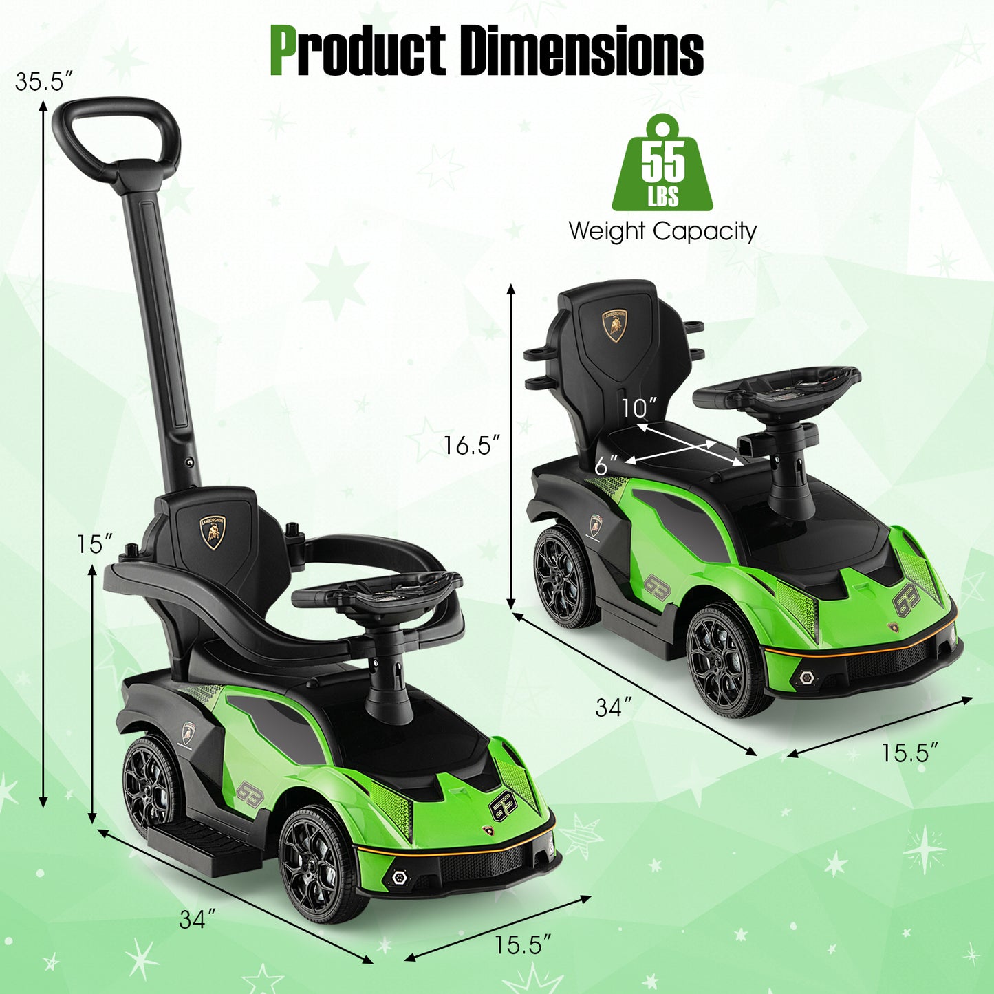 3-in-1 Licensed Lamborghini Ride on Push Car with Handle Guardrail-Green Kids Crystal