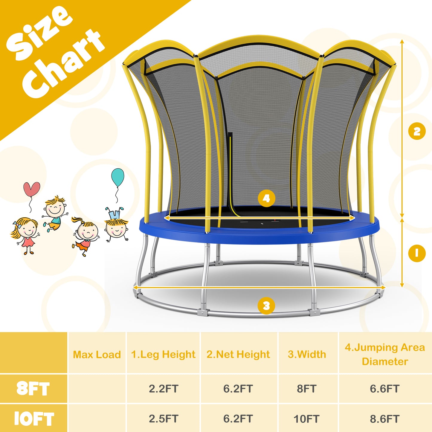 10 Feet Unique Flower Shape Trampoline with Galvanized Steel Frame-Yellow Kids Crystal