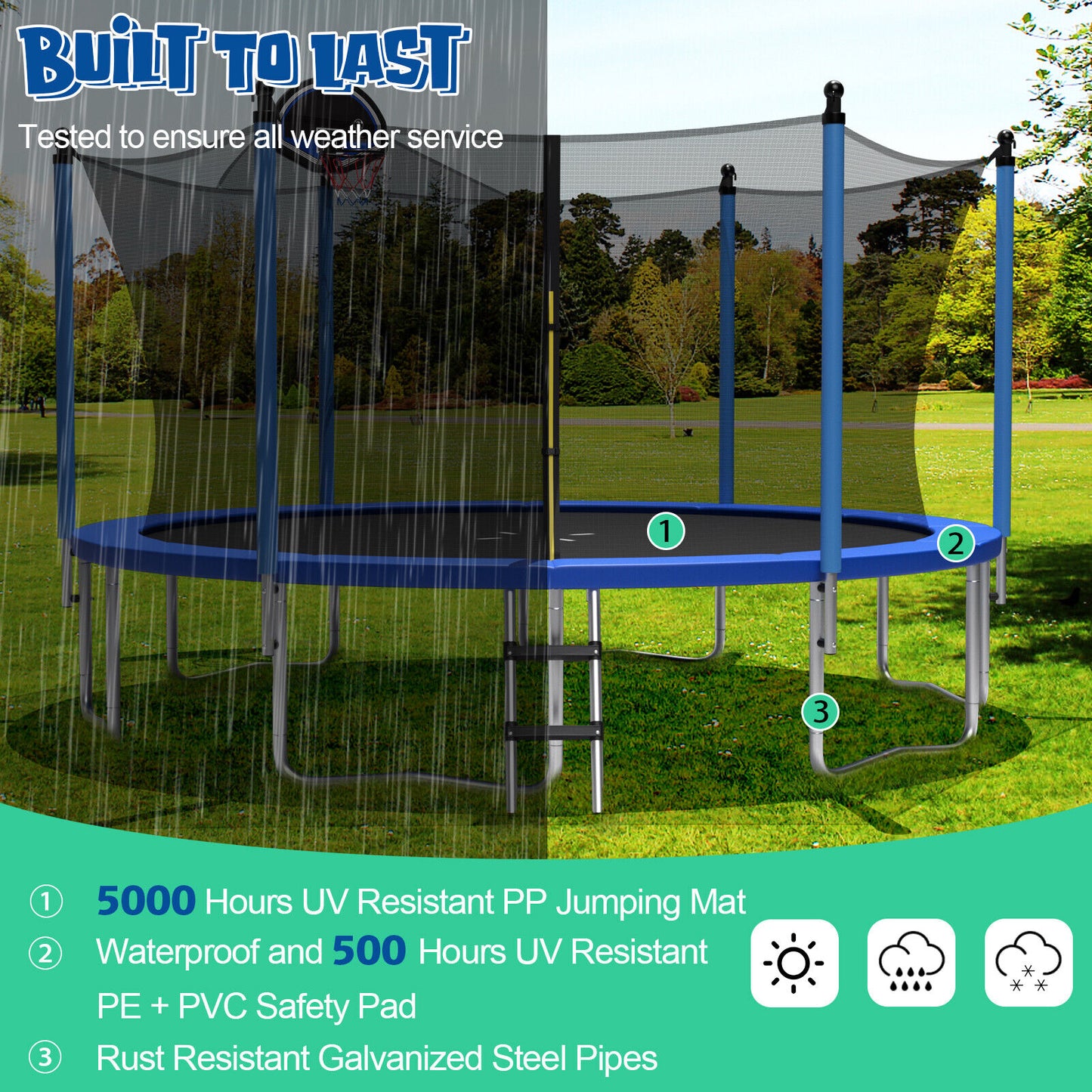 12/14/15/16 Feet Outdoor Recreational Trampoline with Ladder and Enclosure Net-16 ft Kids Crystal