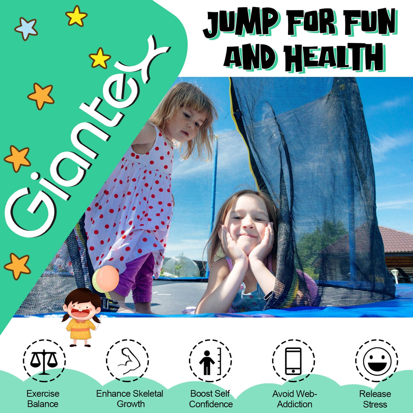 12/14/15/16 Feet Outdoor Recreational Trampoline with Ladder and Enclosure Net-16 ft Kids Crystal