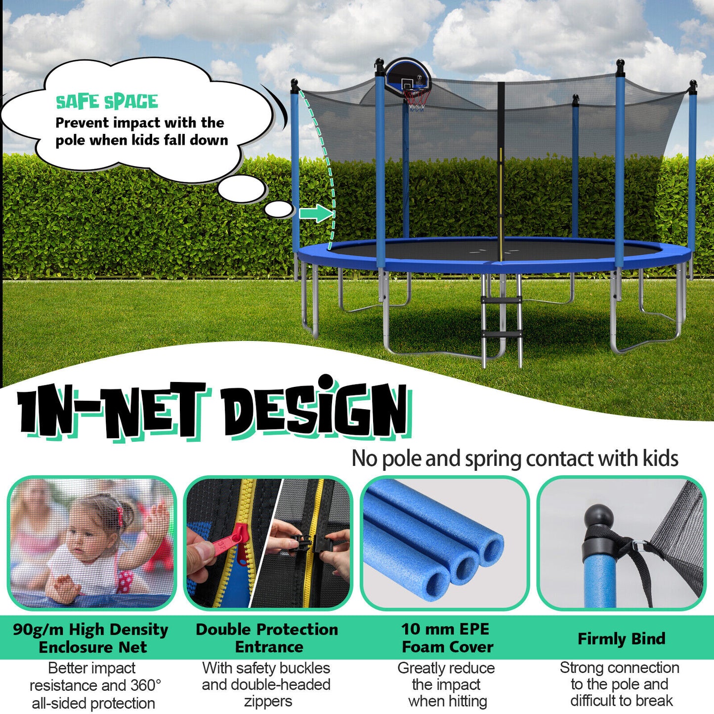 12/14/15/16 Feet Outdoor Recreational Trampoline with Ladder and Enclosure Net-16 ft Kids Crystal